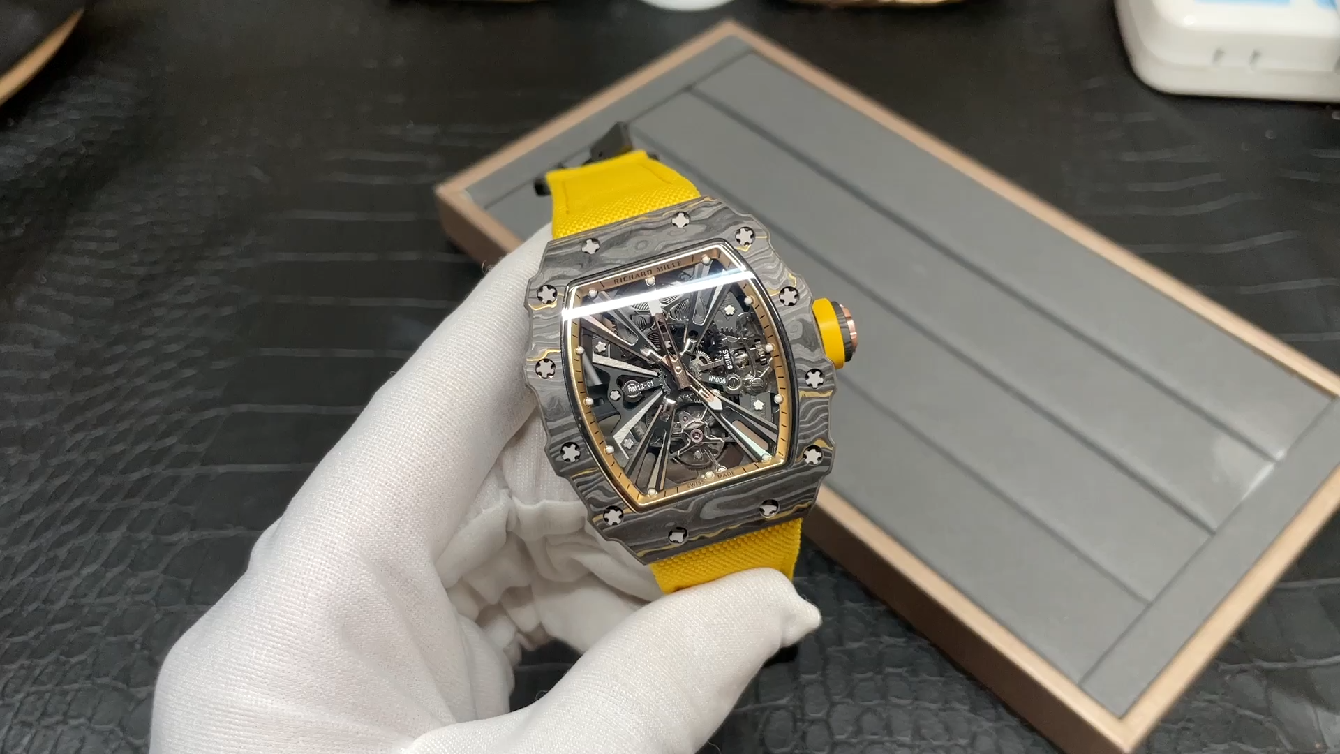 Swiss Replica Richard Mille RM 12-01 Tourbillon Watch – Bold Yellow Fabric Strap, Carbon Fiber Barrel Case, Skeleton Dial - Elite Watch Atelier