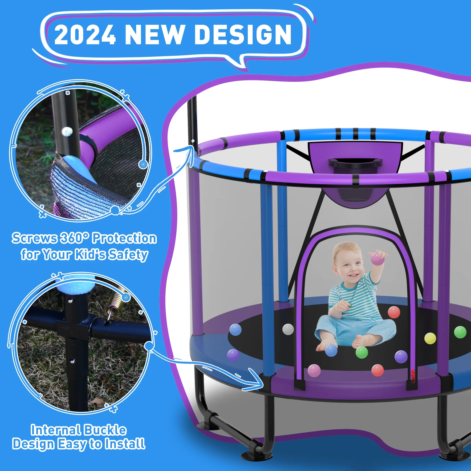 CITYLE Trampoline for Kids 600LBS 60'' 5FT Toddler Trampoline Indoor Outdoor with Basketball Hoop, Swing, Adjustable Bar, Mini Small Trampoline with Enclosure, Gifts for Toddlers, Boys & Girls - Image 43