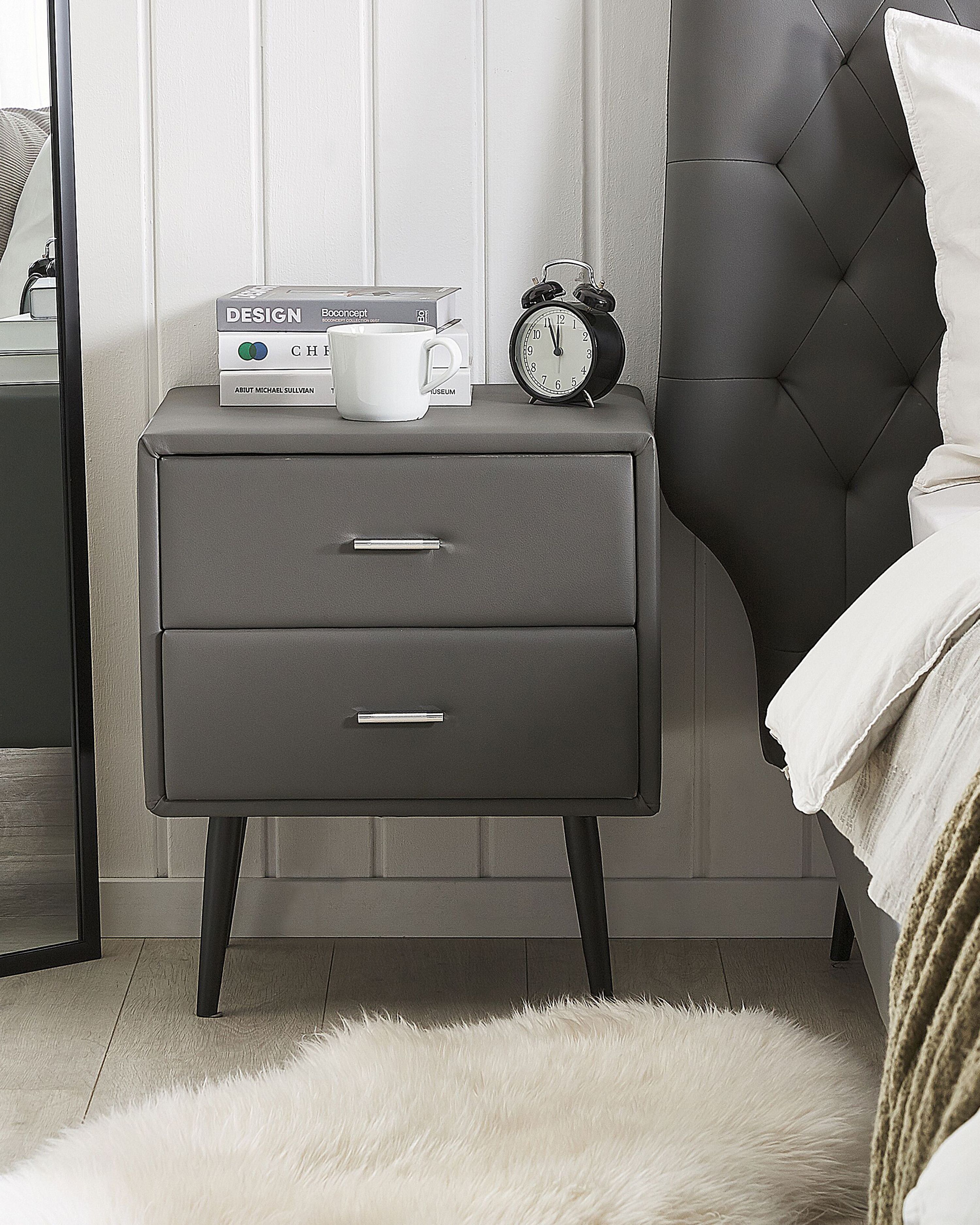 2 Drawer Bedside Table ESSONNE Faux Leather Grey