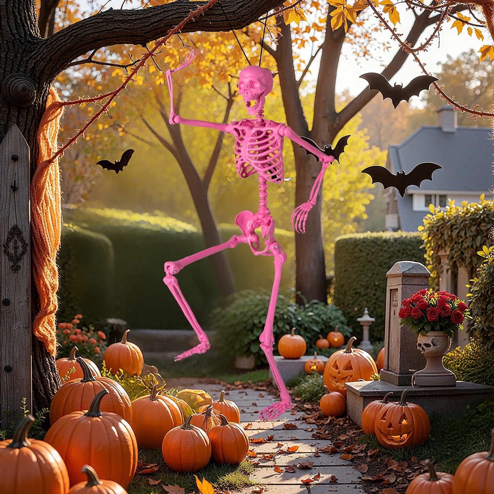 Costway 5.5 FT Poseable Halloween Skeleton Life-Size Decoration with Movable Joints Pink - Image 7 Costway 5.5 FT Poseable Halloween Skeleton Life-Size Decoration with Movable Joints Pink - Image 7