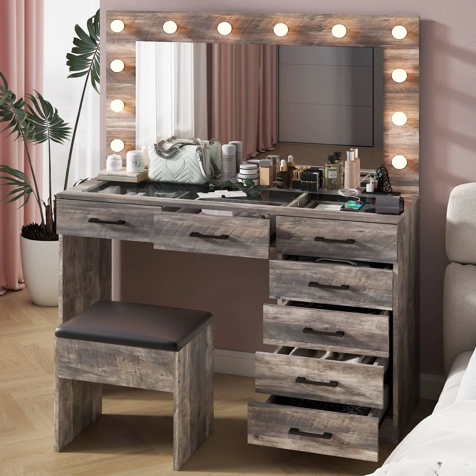 Ktaxon Large Makeup Vanity, Vanity Table Set w/ Visible Glass Top w/ Charging Station, White - Image 75