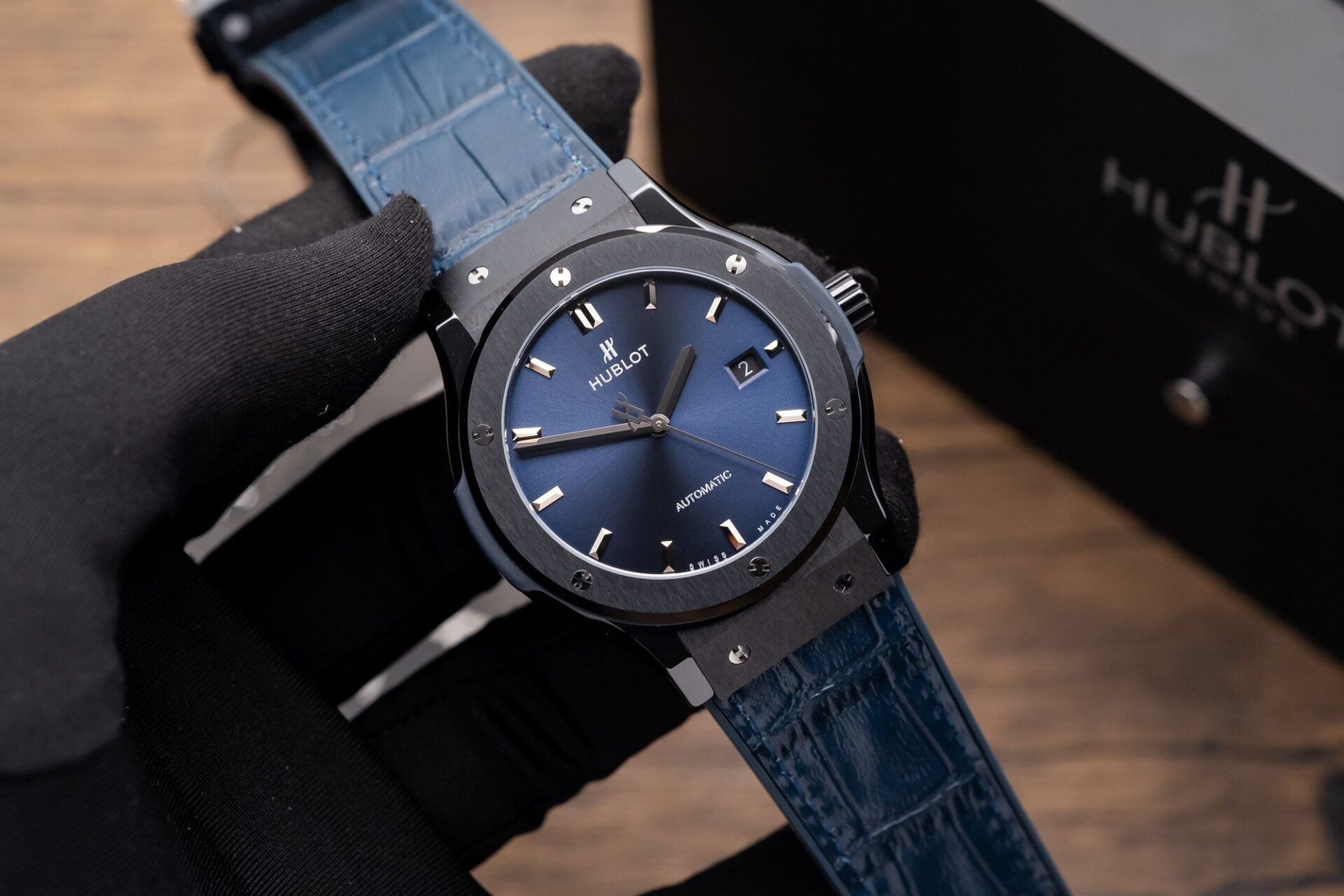 Hublot Classic Fusion Ceramic Blue Dial Replica Watch Leather Strap GS Factory 42mm - Elite Watch Atelier