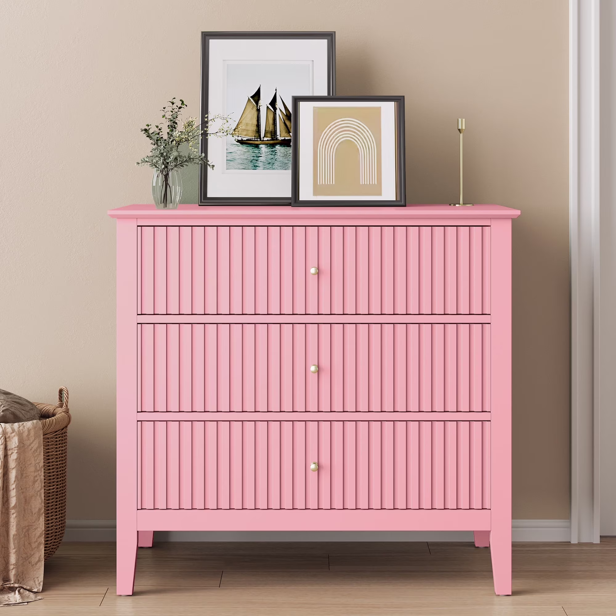 Heynemo Beige 6 Drawer Dresser, Fluted Modern Wood Chest - Image 24