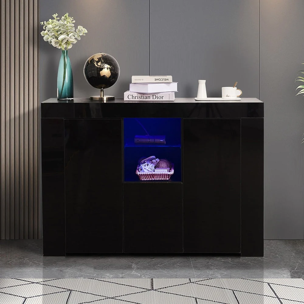 Black High Gloss Dining Room Buffet Storage Cabinet Hallway Living Room TV Stand Unit Display Cabinet with Drawer and 2 Doors Black