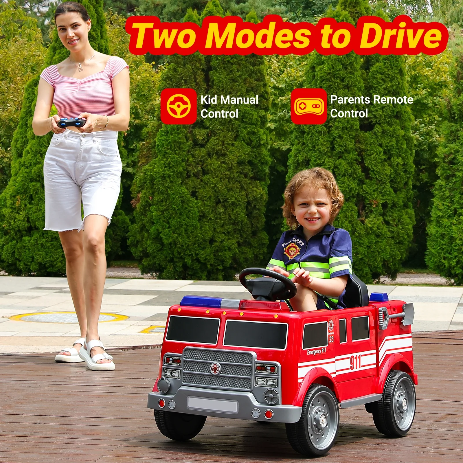 Bobiber Ride on Fire Truck, 12V Battery Powered Ride-On Toy Vehicle with Remote Control, Megaphone, Flashing Lights, Siren and Fire Extinguisher - For Boys and Girls Ages 3-6 - Image 7