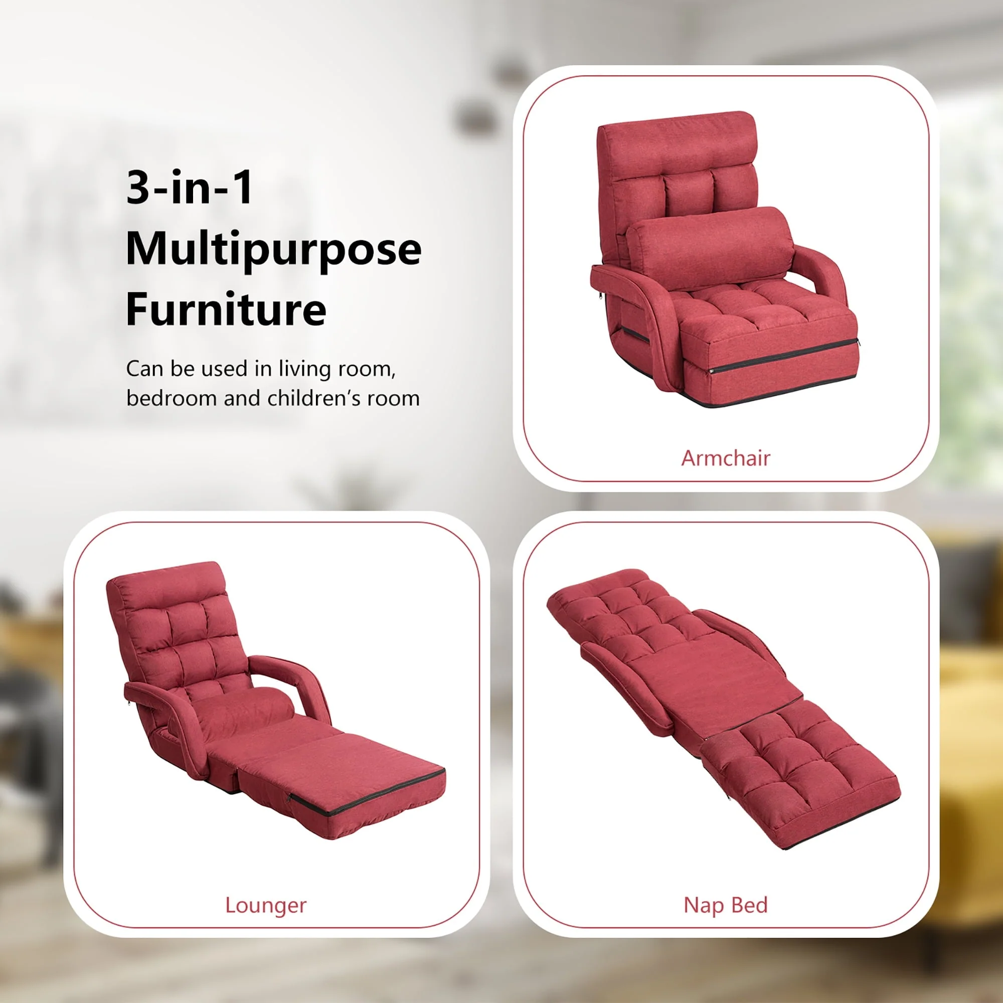 Costway Folding Floor Armchair w/ 6-position Adjustable Back & Lumbar Pillow Red - Image 9