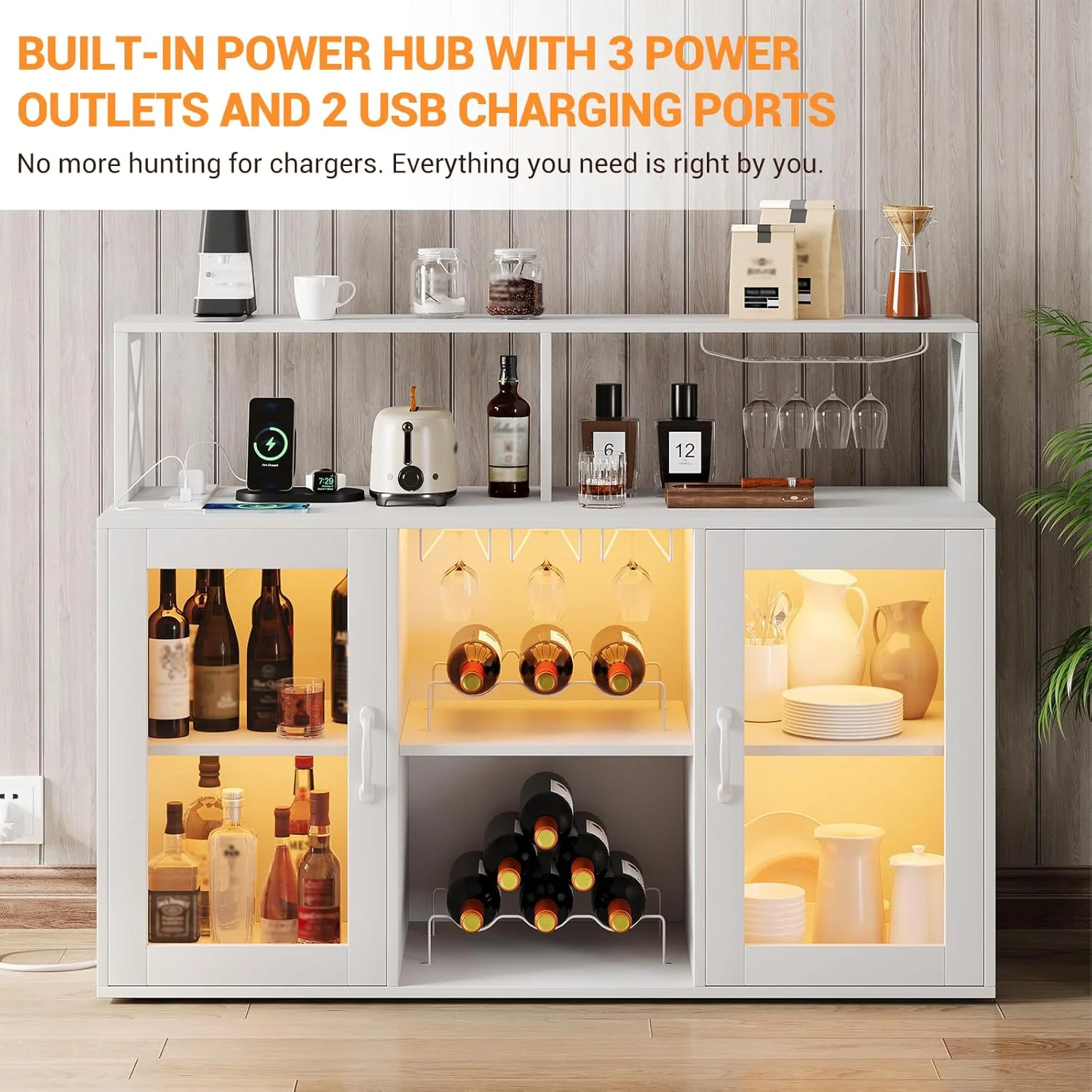 Home Wine Bar Cabinet with LED Light, Industry Coffee Bar Cabinet with Wine Rack, Glass Holder, and Power Outlets, Kitchen Sideboard Buffet Cabinet for Living Room Dining Room