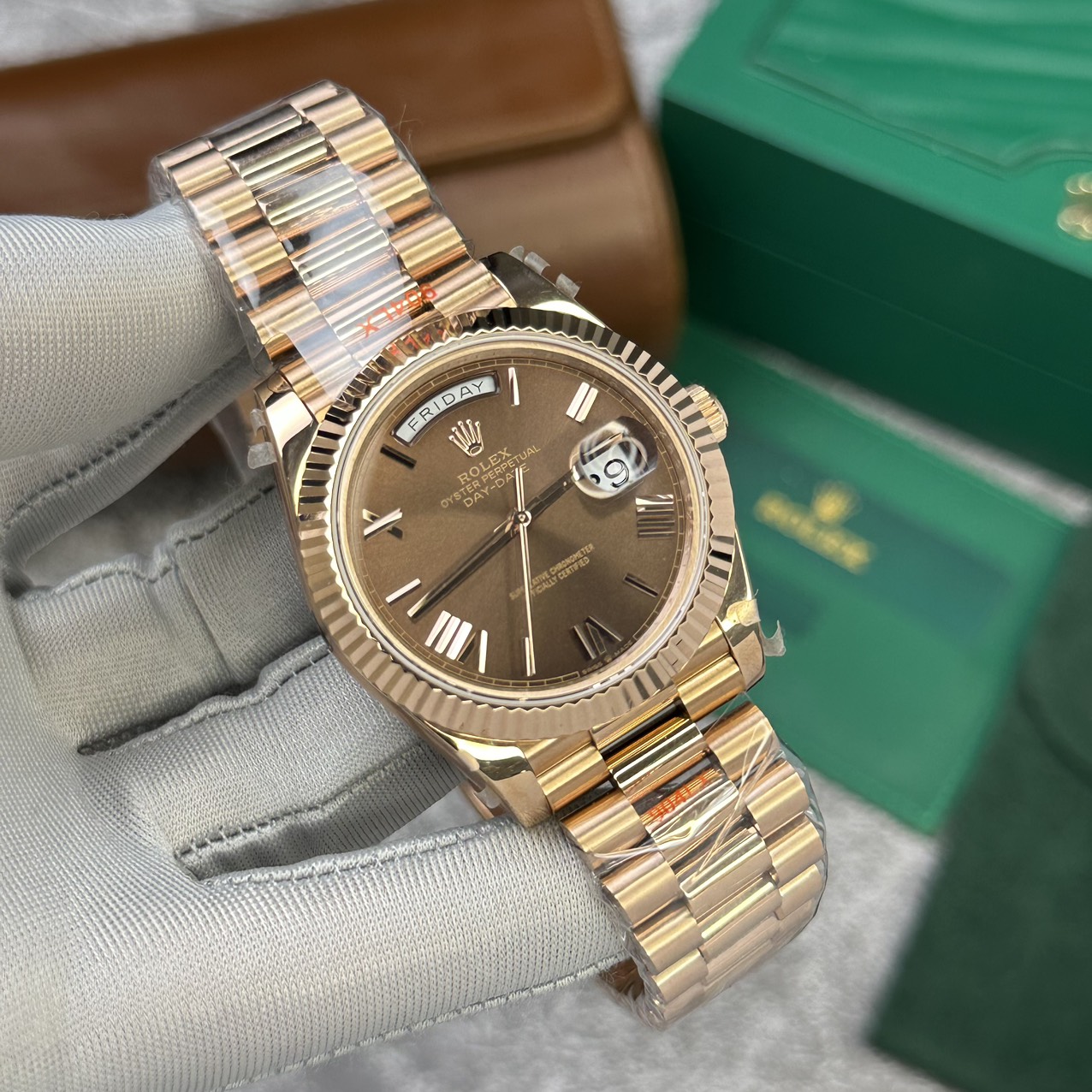 Rolex Day-Date 228235 Rose Gold Chocolate Dial Replica Watch V2 GM Factory 40mm - Elite Watch Atelier