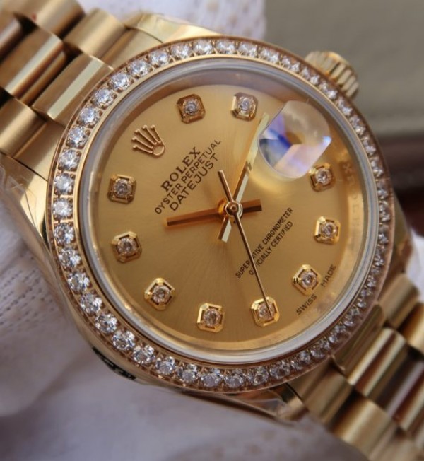 Replica Rolex DateJust 31mm Diamonds Bezel/Markers RG Case RG Gold Dial A2235 - Top club