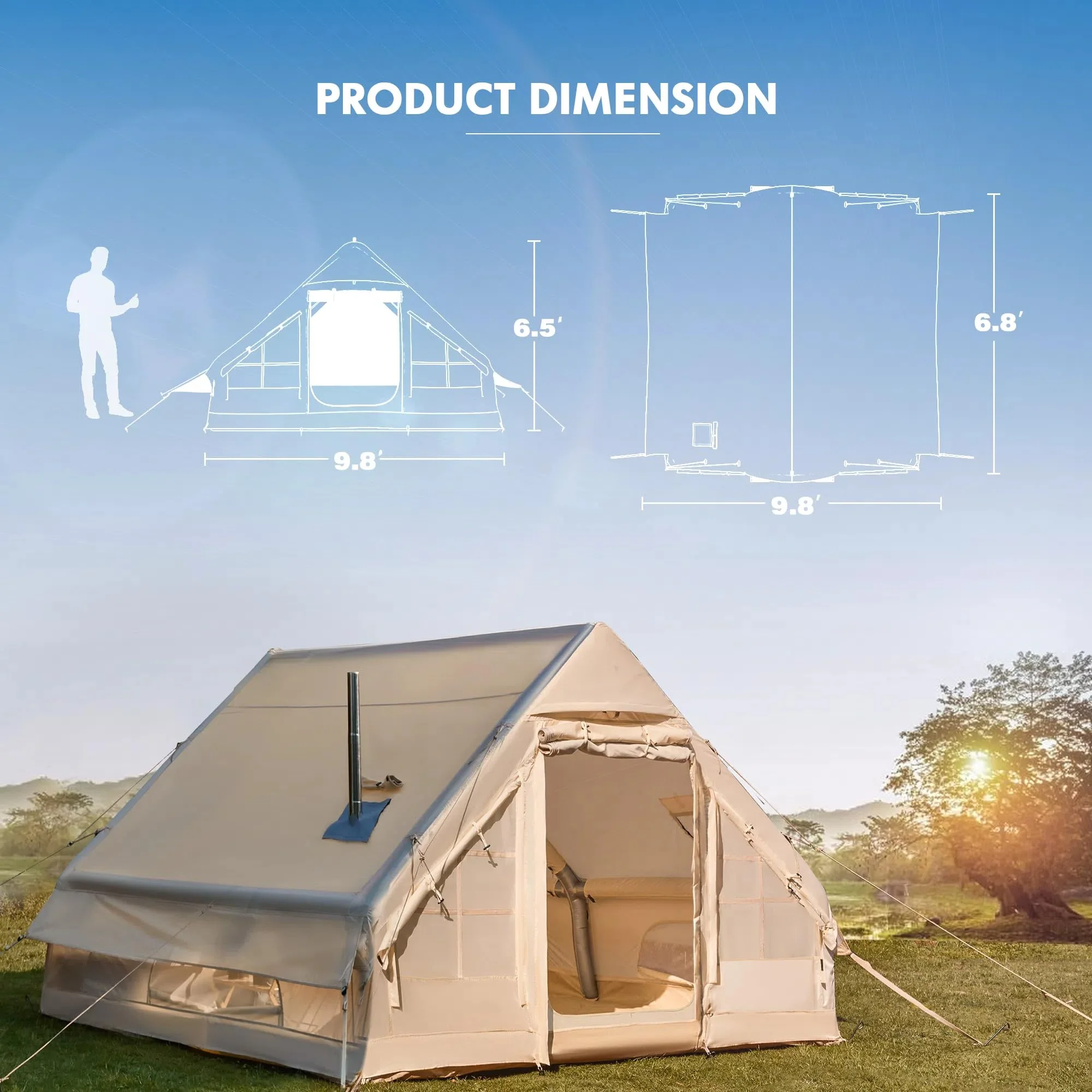 Yoleny 12'x8' Inflatable Tent, 96 SFT Blow Up Tent for Camping, 4 Season Oxford Glamping Tents with Clear Skylight, Pump & Stove Jack - Image 18