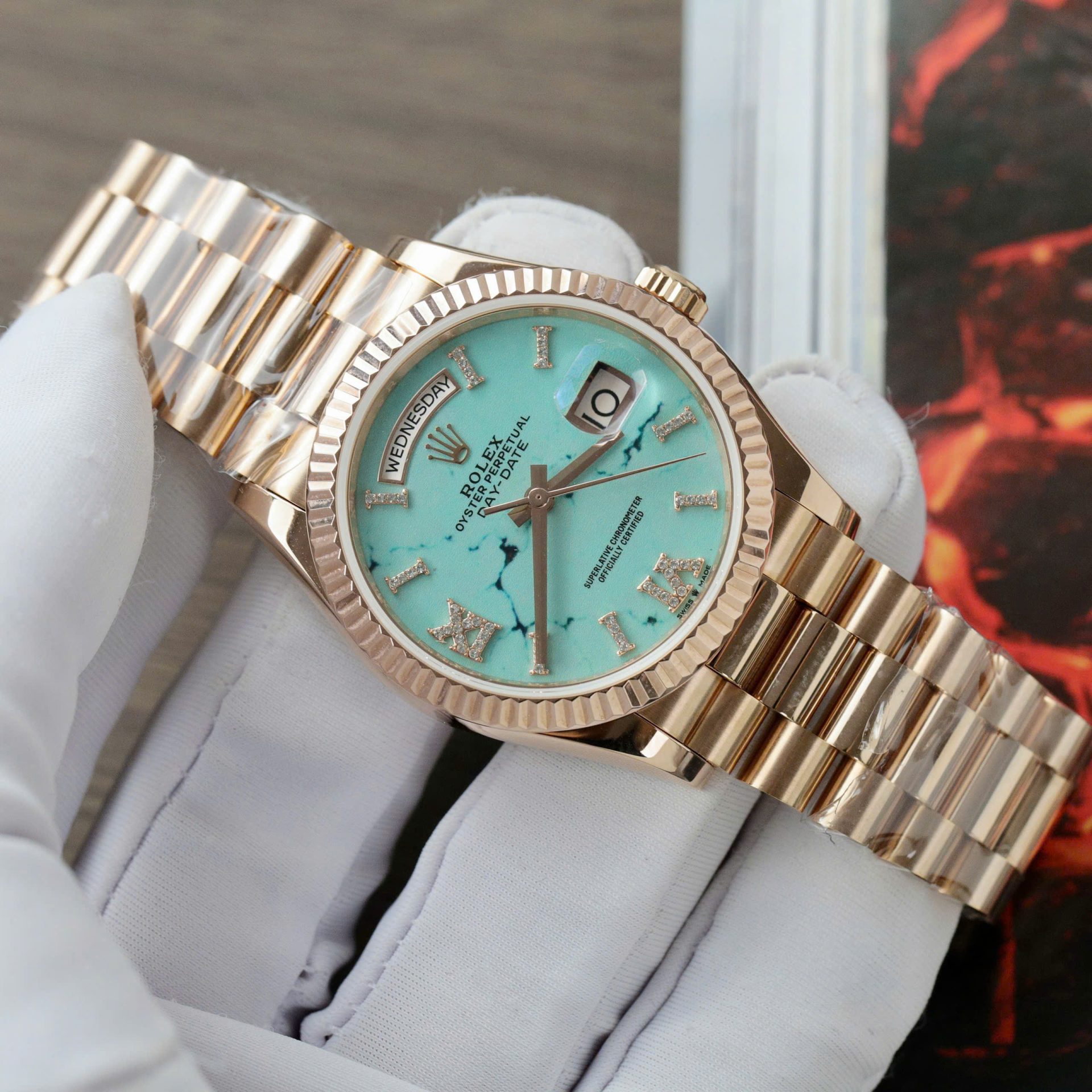 Rolex Best Replica Watch Day-Date 128238 Dial Turquoise Gold Wrapped 36mm - Elite Watch Atelier