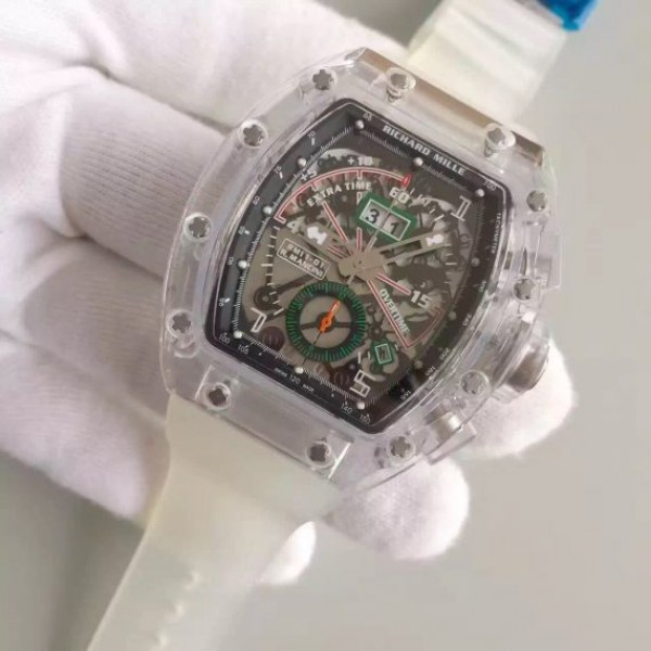 Replica Richard Mille RM011 Transparent Case Black/Green Bezel Skeleton Dial White Rubber Strap A7750 - Elite Watch Atelier