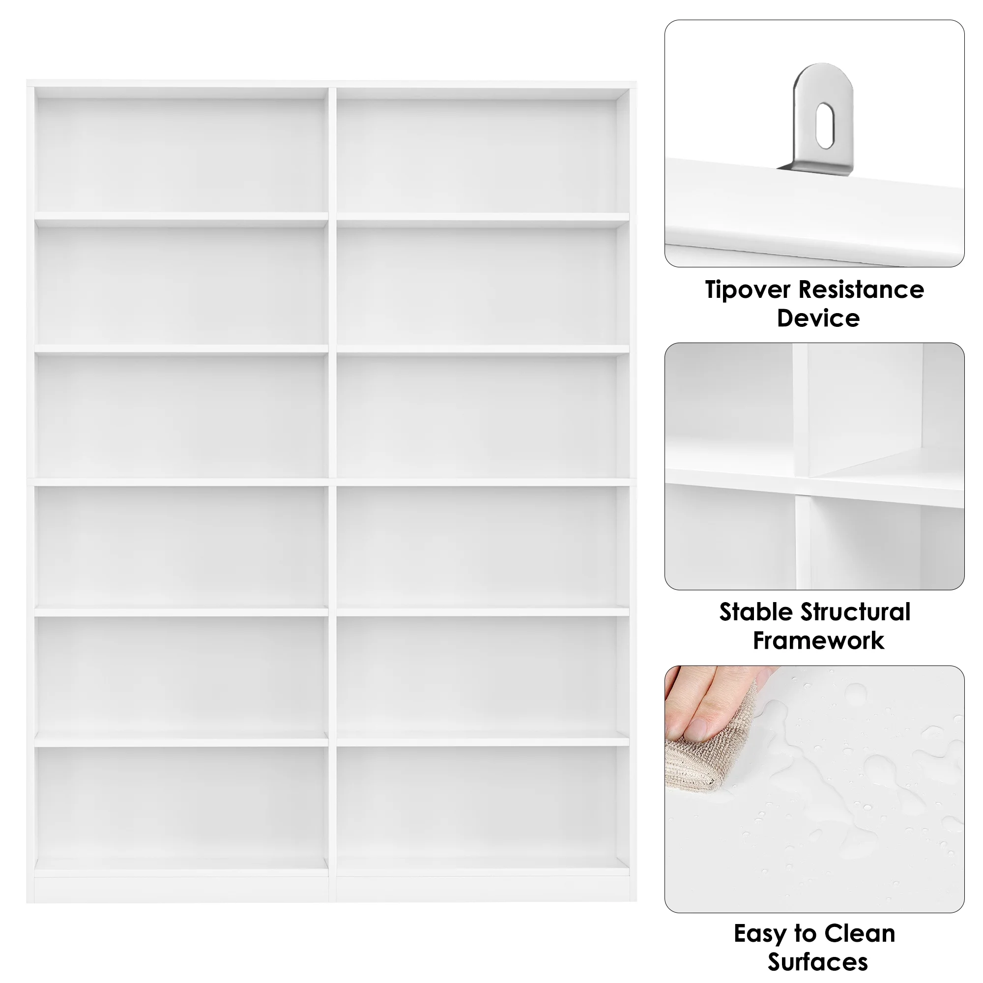Homfa 74.3�� Double Wide 6-Tier Bookcase, Extra Large Wooden Freestanding Display Bookshelf for Home Office Living Room, White - Image 6