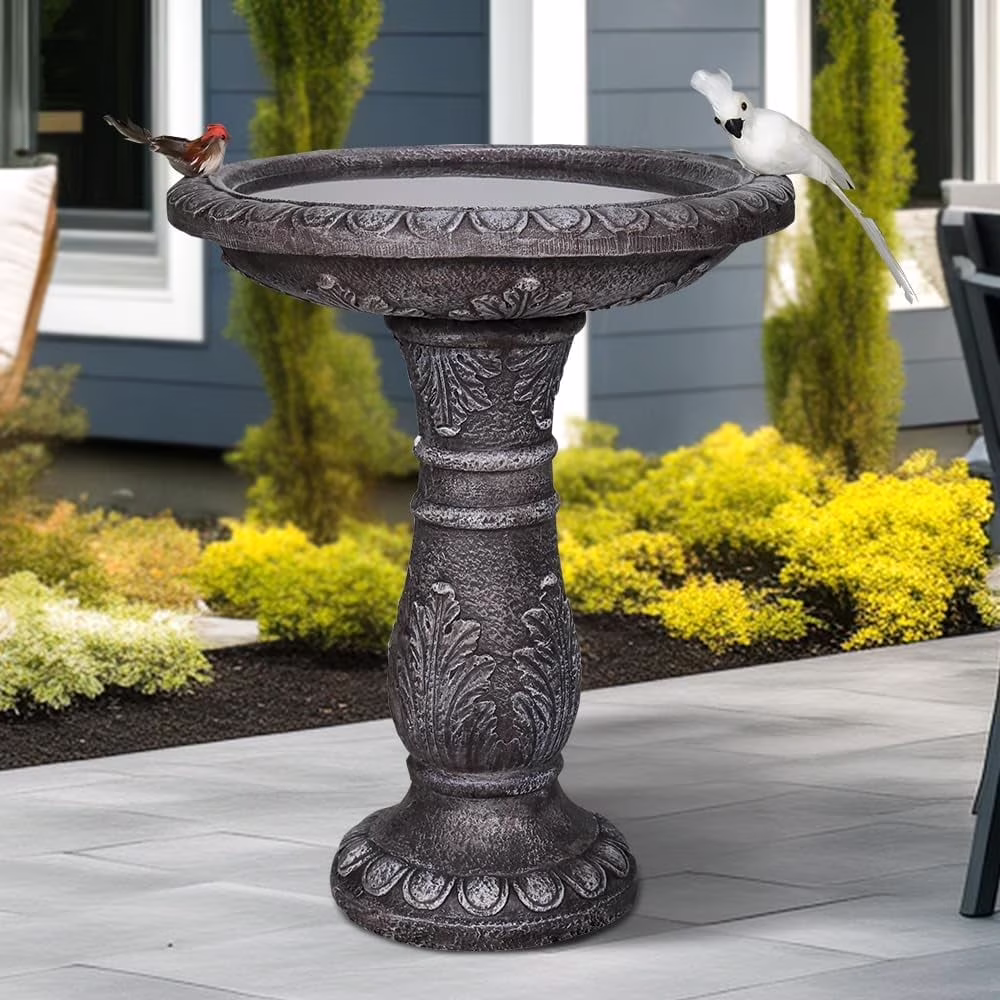 24.4" H Cement Bird Bath for Garden- Fibre Reinforced Concrete Bird Baths for Outdoors, Large Size Vintage Carved Pedestal Birdbath for Patio, Yard, Lawn -20��Dia. X 24.4��H Bird Fountain