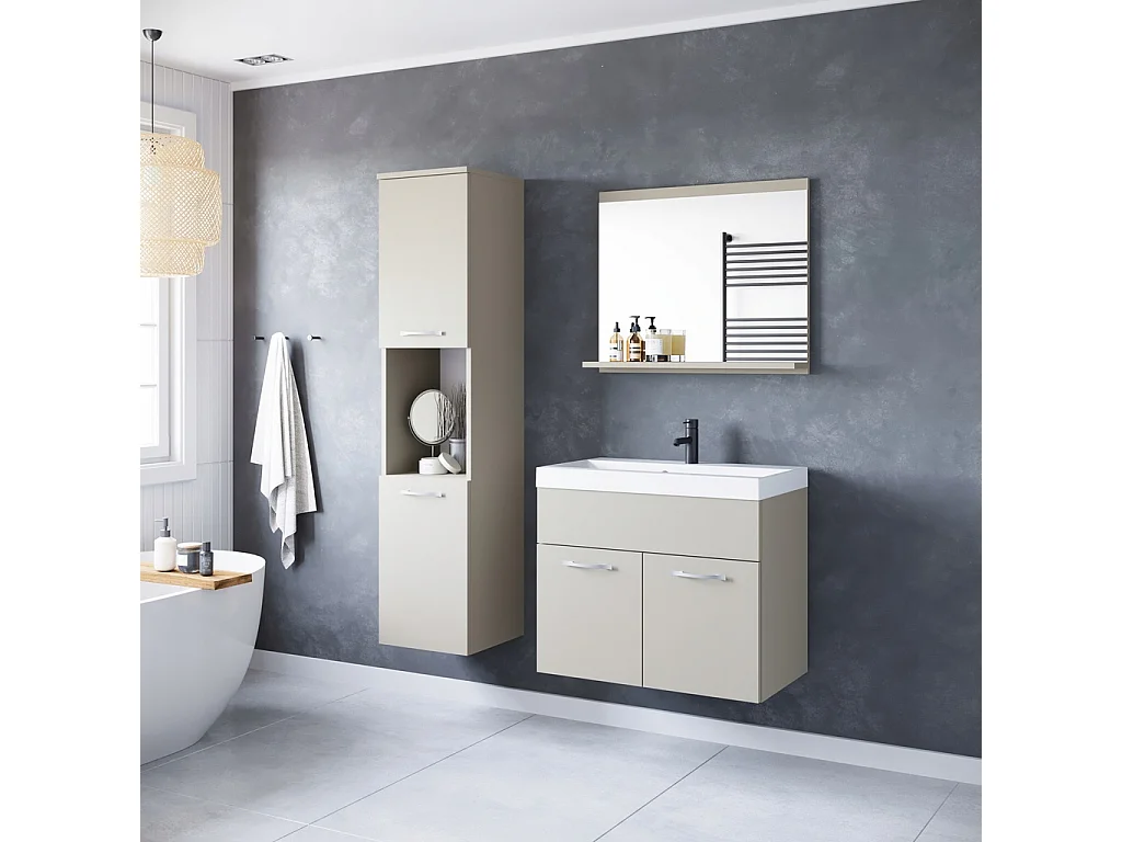 Ensemble de salle de bain suspendu avec lavabo, miroir et colonnes, beige cachemire mat