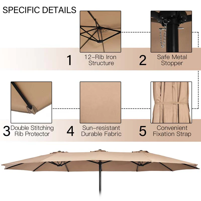 10Pcs Patio Rattan Dining Set with 15FT Double-Sided Umbrella, Heavy Duty Acacia Wood Table & Stackable Wicker Chairs