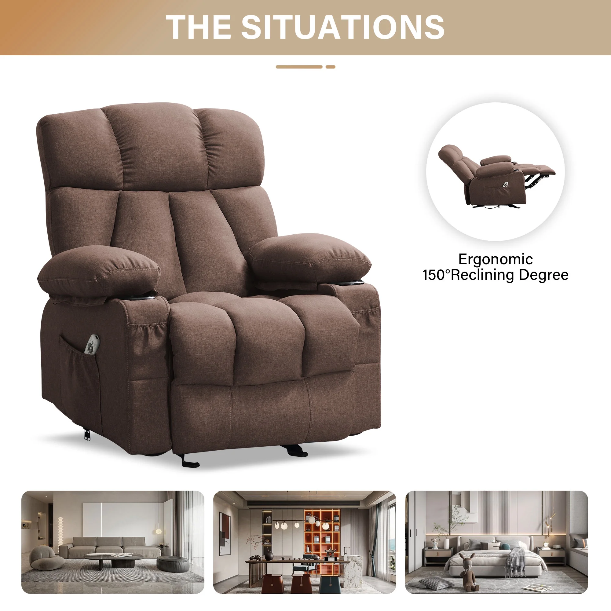 JONPONY Manual Recliner Chair with Heat Therapy and Massage Function, Heavy Duty Reclining Mechanism Massage Chair, Elderly Single Rocker Sofa with Cup Holders for Bedroom Home Theater,Grey - Image 28