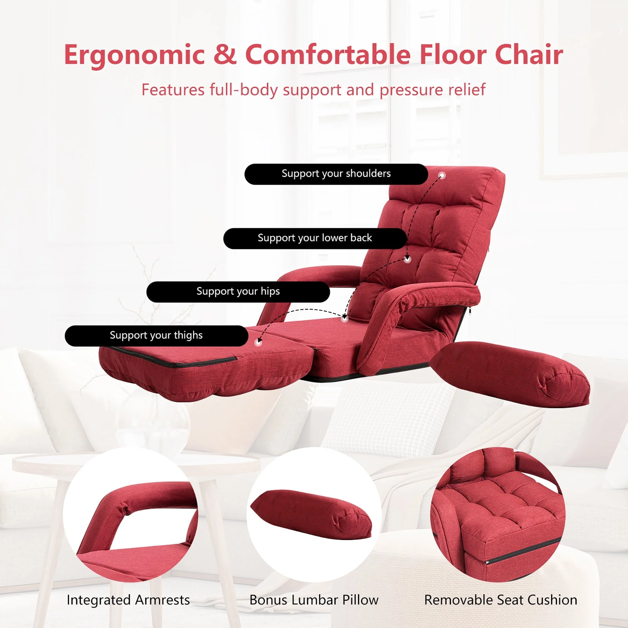 Costway Folding Floor Armchair w/ 6-position Adjustable Back & Lumbar Pillow Red - Image 10