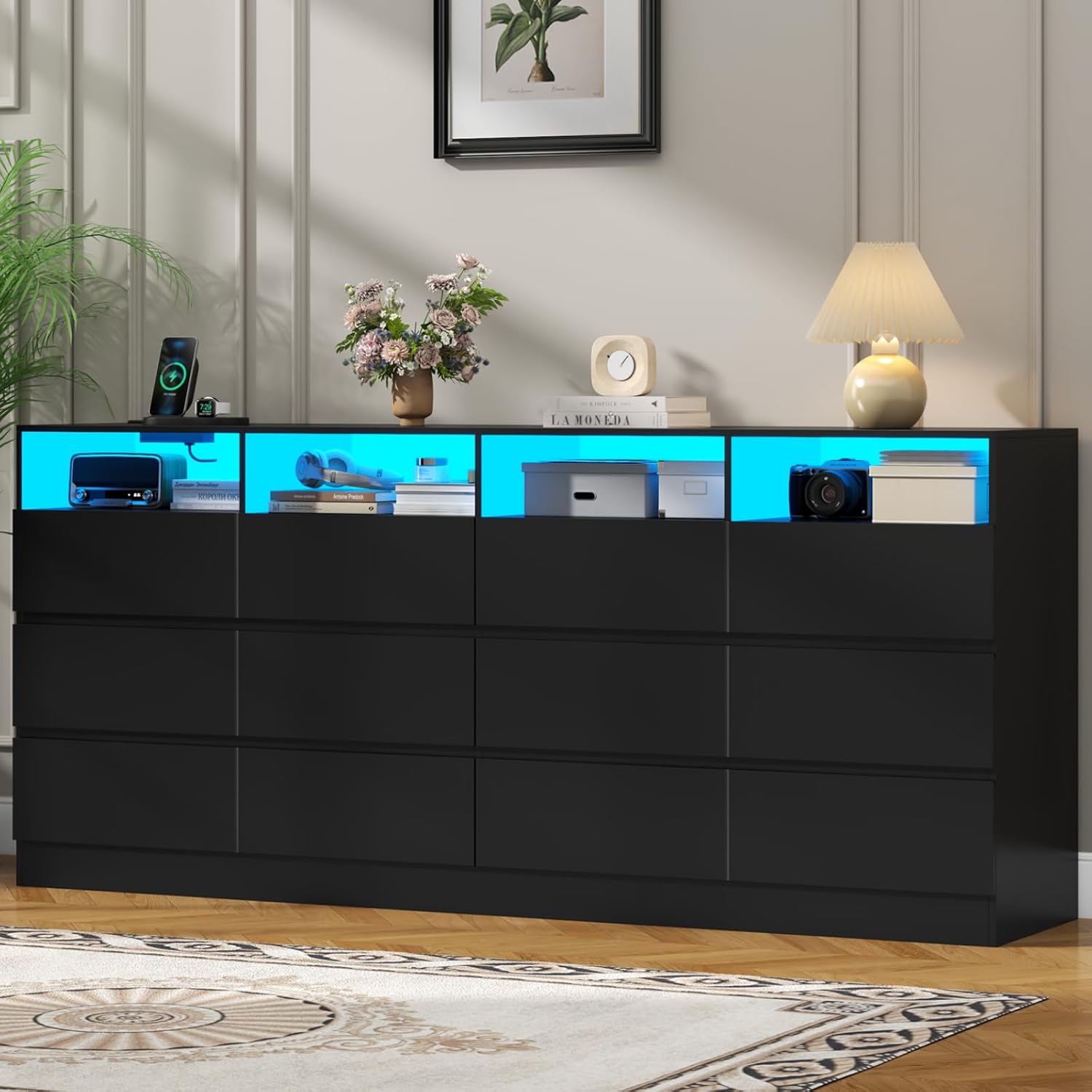 Loomie 12-Cell Divided Drawers Black Dresser with Charging Station & Led Lights for Bedroom, Long 63