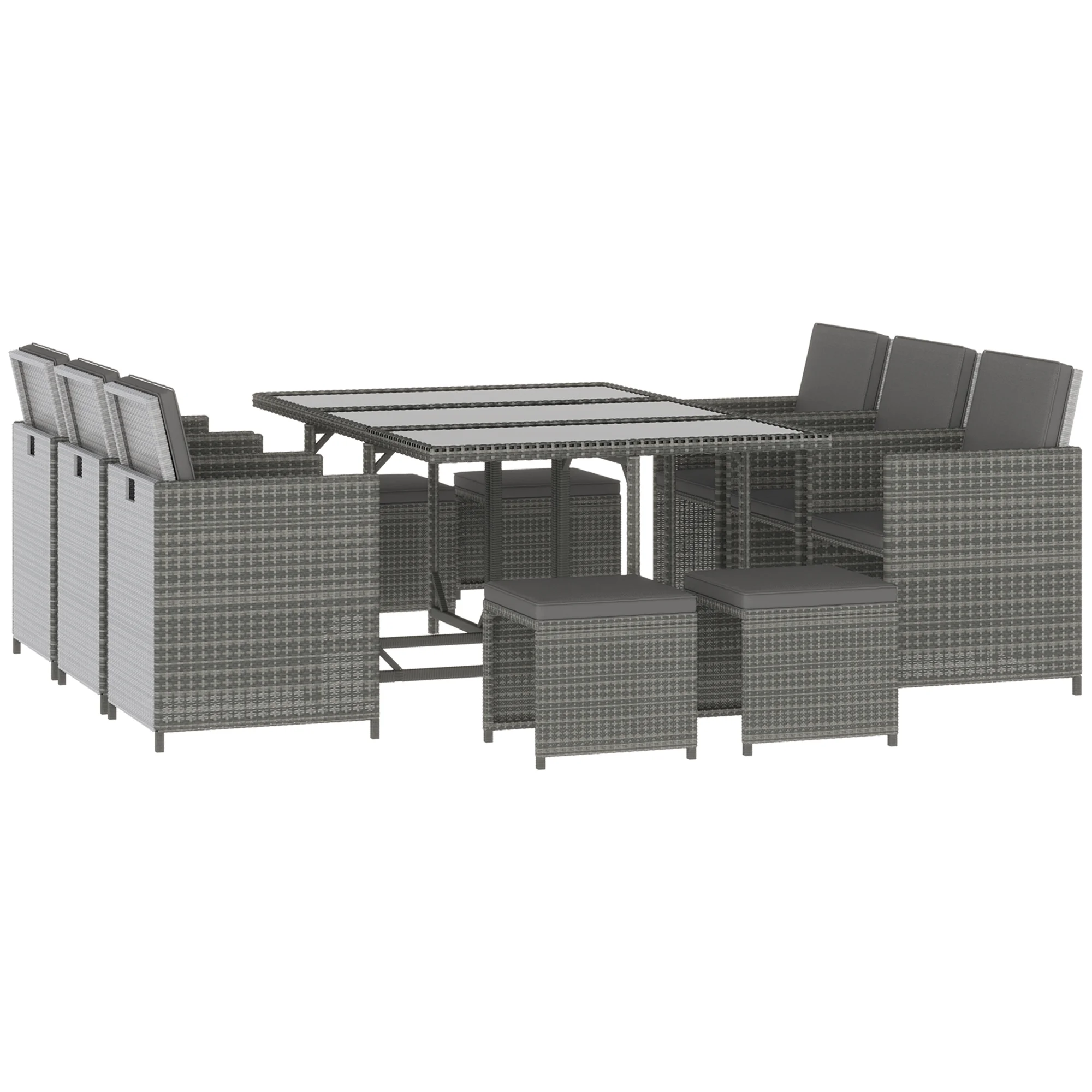 Outsunny 11 Pieces Outdoor Dining Set for 10, Space Saving Wicker Chairs and Glass Table with Cushions and Ottomans, Rattan Conversation Patio Furniture Set for Garden Backyard Deck, Dark Gray