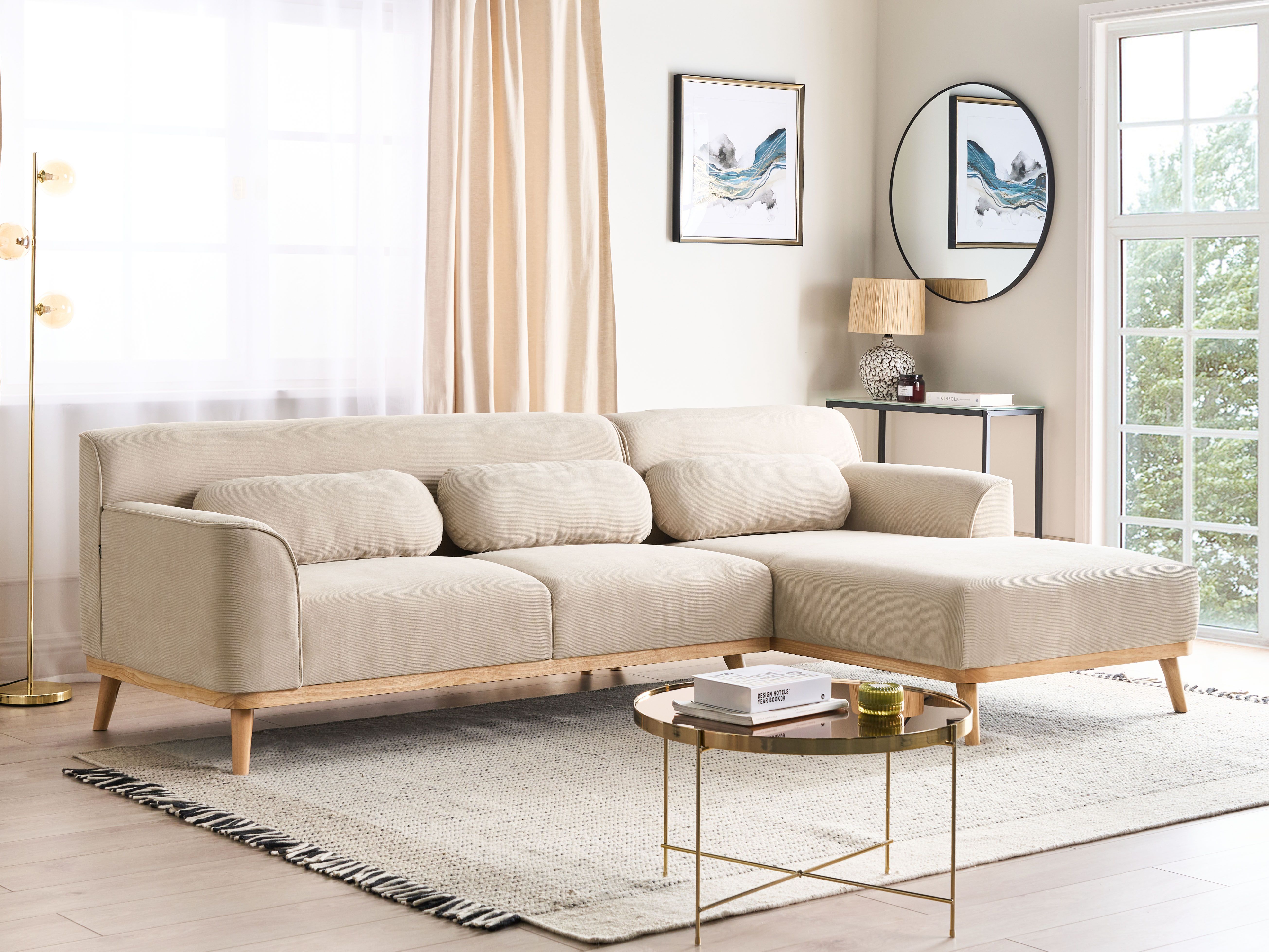 Corner Sofa 3 Seater SIMOS Corduroy Light Beige Left Hand
