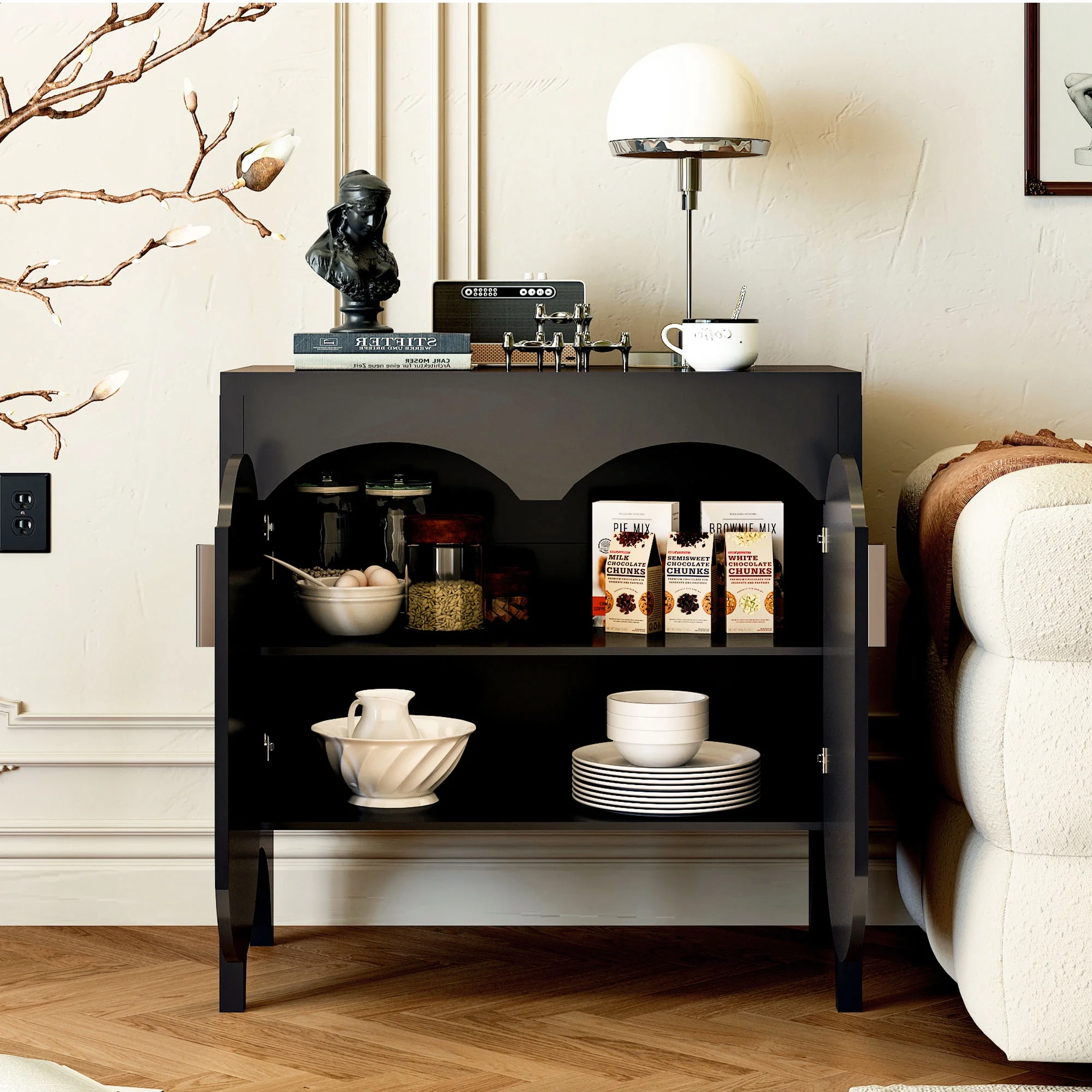 LEFHDA 2PCS Buffet Cabinet, Sideboard Cabinet with Storage, Accent Storage Cabinet with Carved Arc Door Design for Kitchen Dining Room, 2 Doors Buffet Cabinet with Adjustable Shelves - Image 33