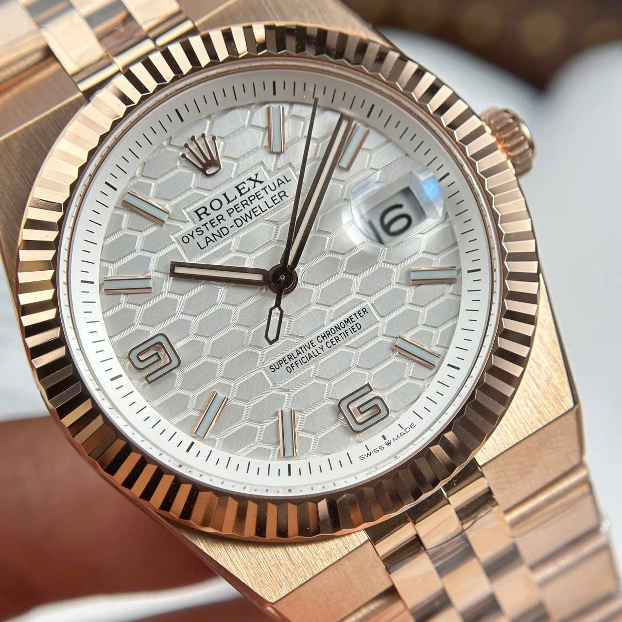Rolex Land-Dweller 127235 Rose Gold Honeycomb Motif Dial Luxury Fake Watches 40mm - Top club
