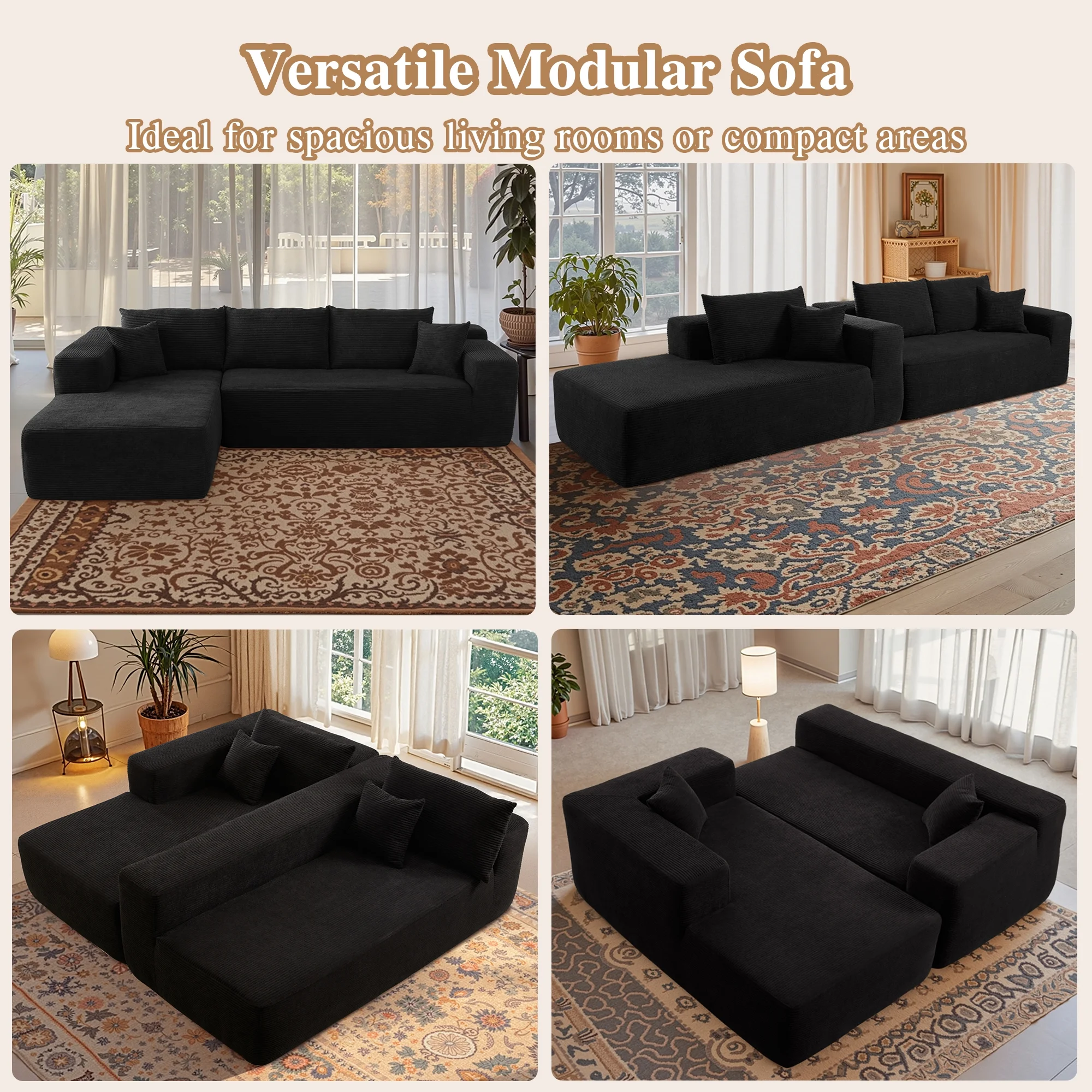 Ovios 106" L-Shaped Sectional Sofa Modern Modular Cloud Couch with Deep Seating Upholstered Sofa for Living Room Bedroom, No Assembly Required, Black(Corduroy) - Image 16