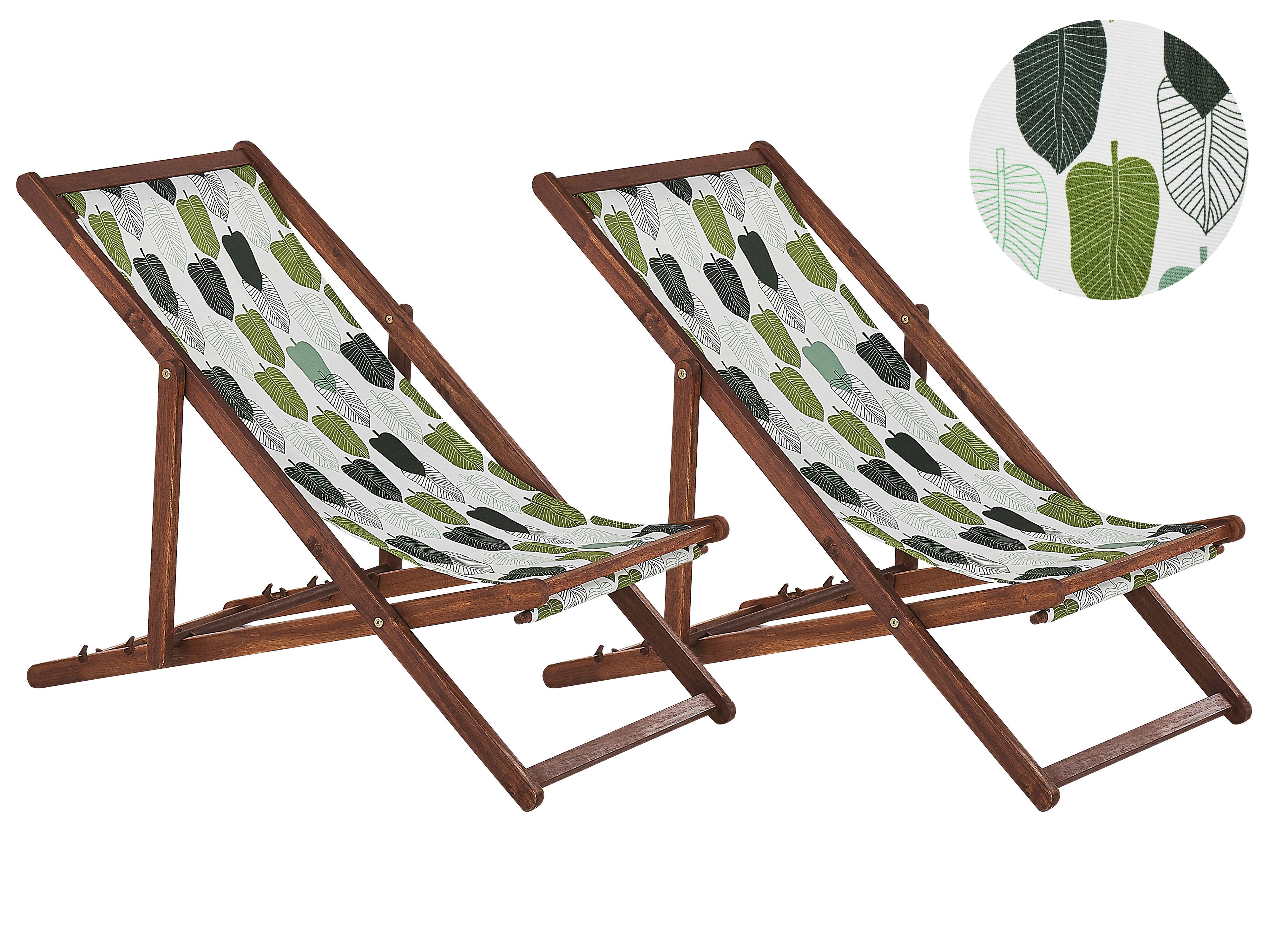 Set of 2 Folding Deck Chairs ANZIO with Replacement Fabrics Floral Motif Acacia Wood Dark Brown