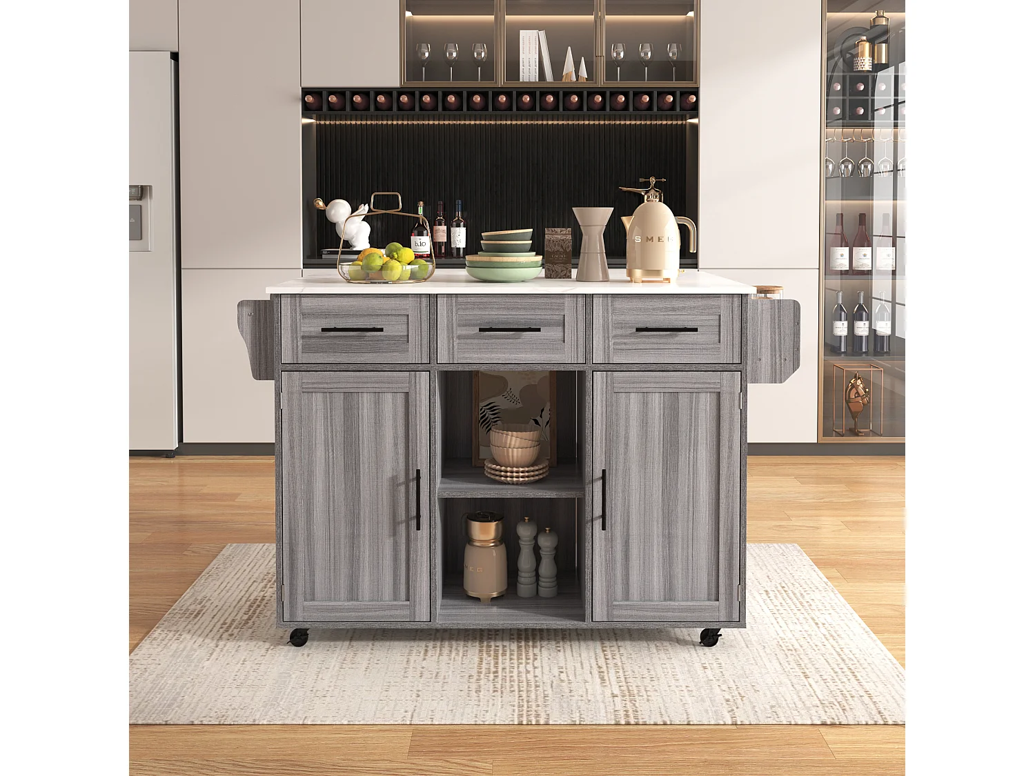 Desserte grise avec plateau en MDF, 3 tiroirs et 2 portes - pour salles à manger et cuisines