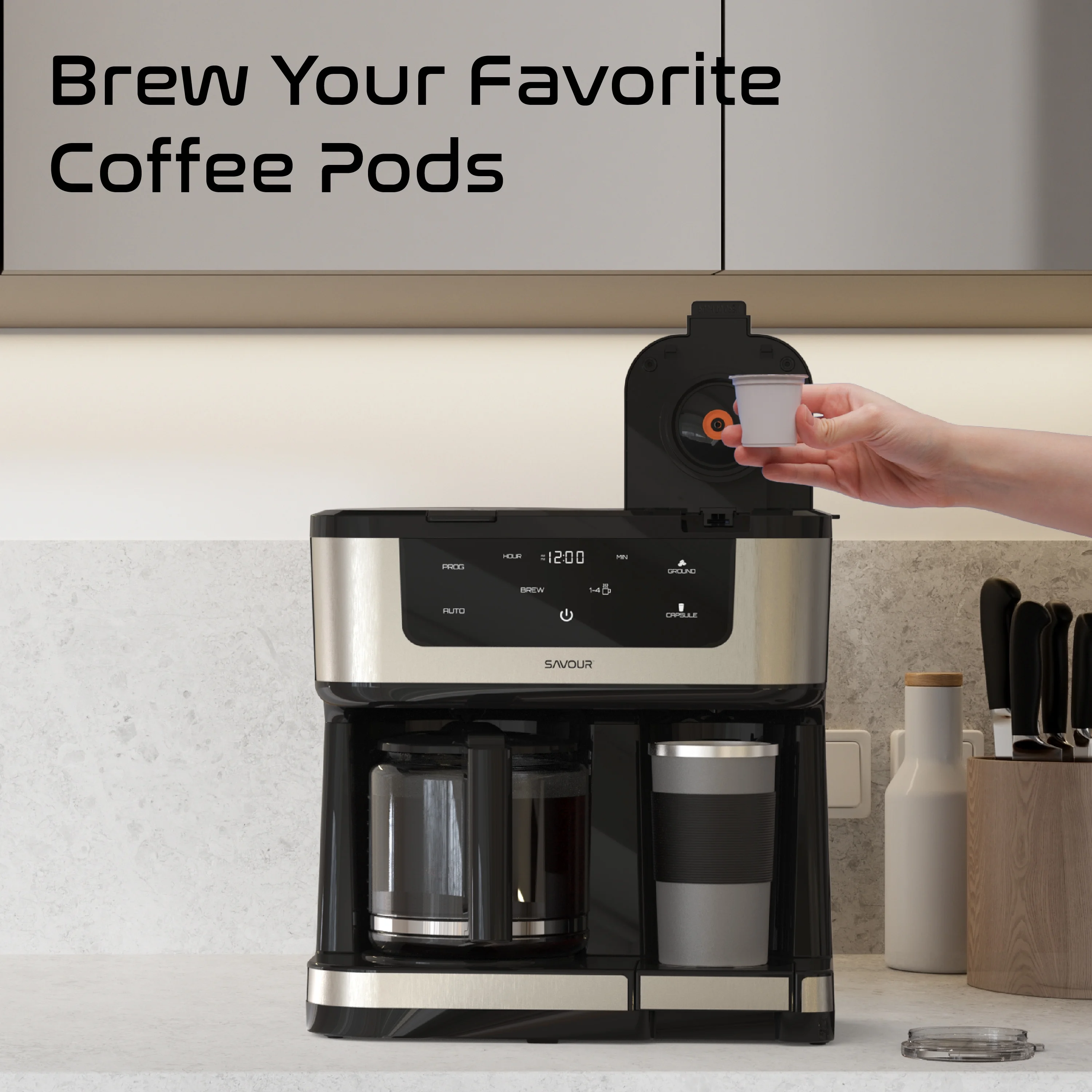 Savour Dual Coffee Maker, 12-Cup and K-Cup Single Serve Coffee Machine, Black