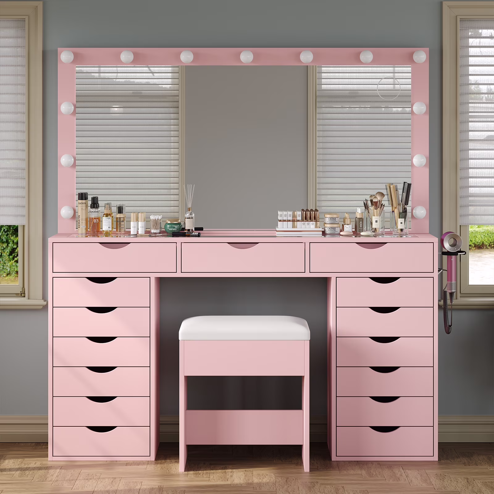 Yanosaku 15 Drawers Vanity Desk with Power Outlet, Makeup Table with Mirror and 13 LED Lights, 3 Color Lighting Modes, Brightness Adjustable, Glass Top Dressing Table, Vanity Set for Bedroom - Image 3
