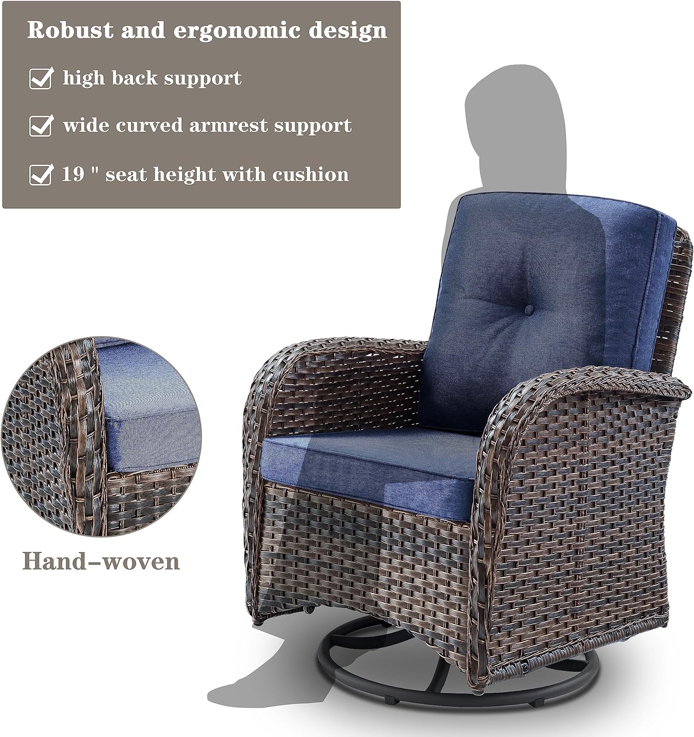 Belord 3-Piece Patio Swivel Rocking Chair Set With Side Table - Brown/Blue - Image 8 Belord 3-Piece Patio Swivel Rocking Chair Set With Side Table - Brown/Blue - Image 8