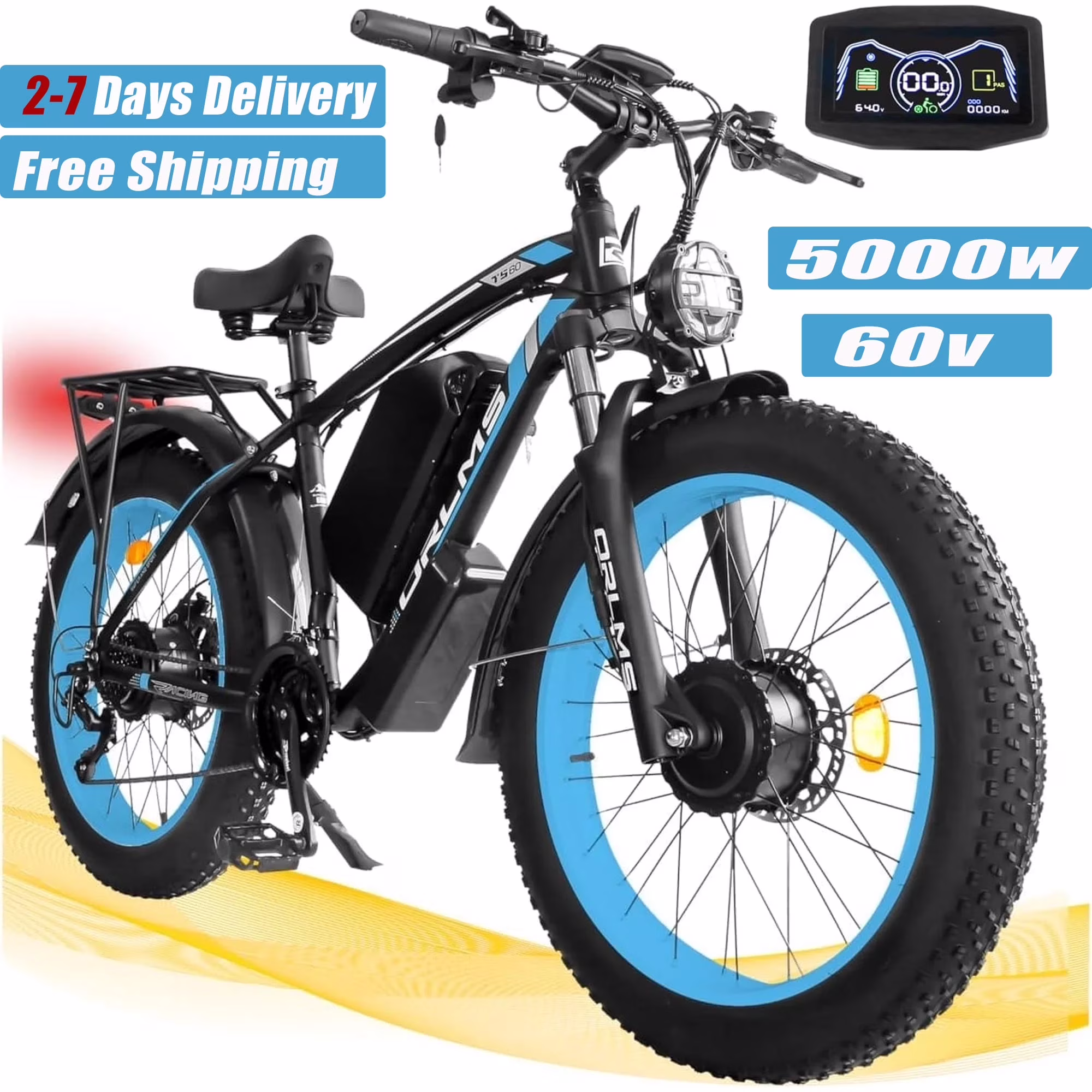 5000w Peak Dual Motor Electric Bike, 26" Fat Tire Shimano 21 Speed 45 MPH Commuter Mtb, 60V 25AH Front Suspension Ebike - Image 5
