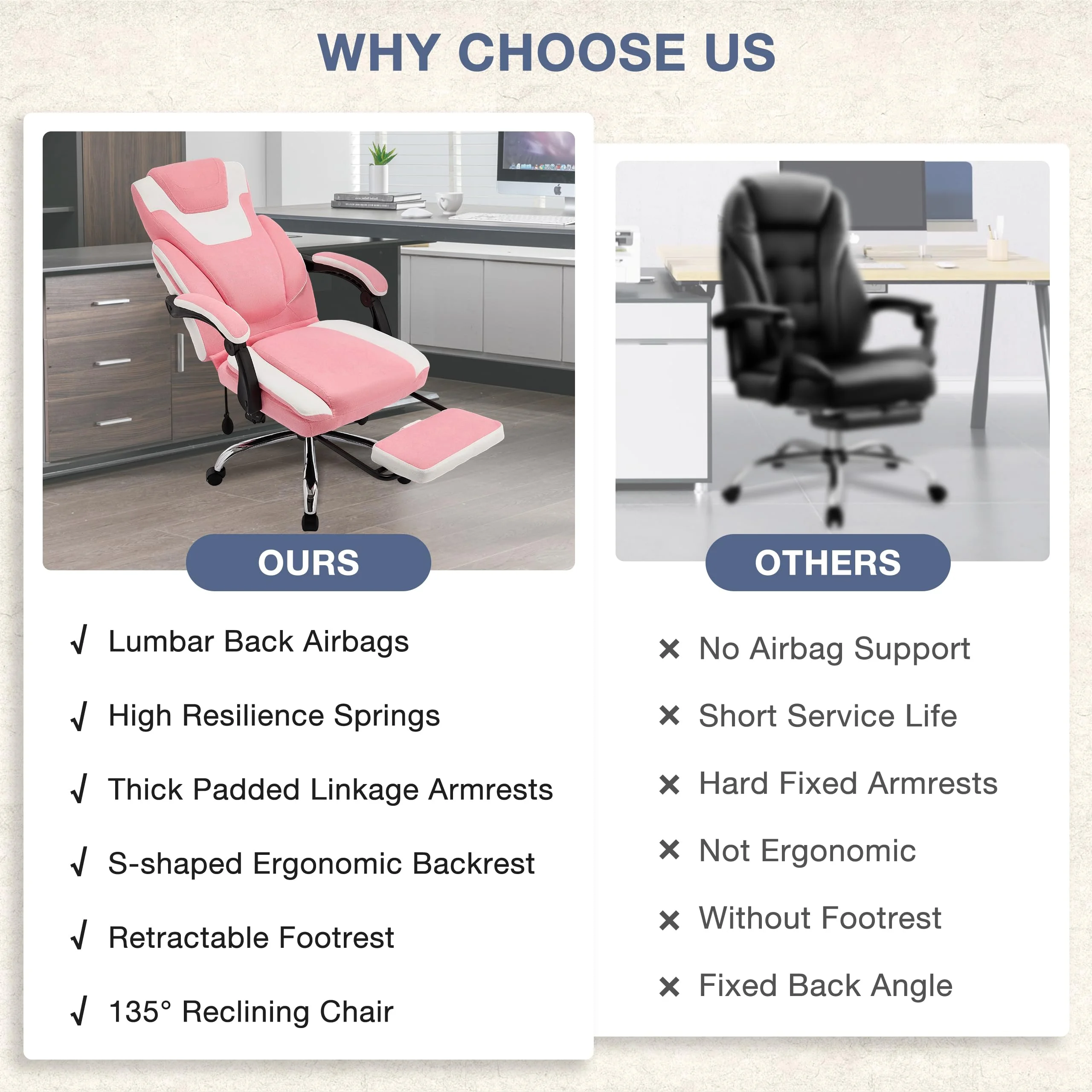 JONPONY Big and Tall Office Chair 400lbs, Executive Reclining Office Chairs with Footrest, High Back Home Office Chair Thick Padded Armrests, Ergonomic Adjustable Lumbar Support, PinkWhite - Image 12
