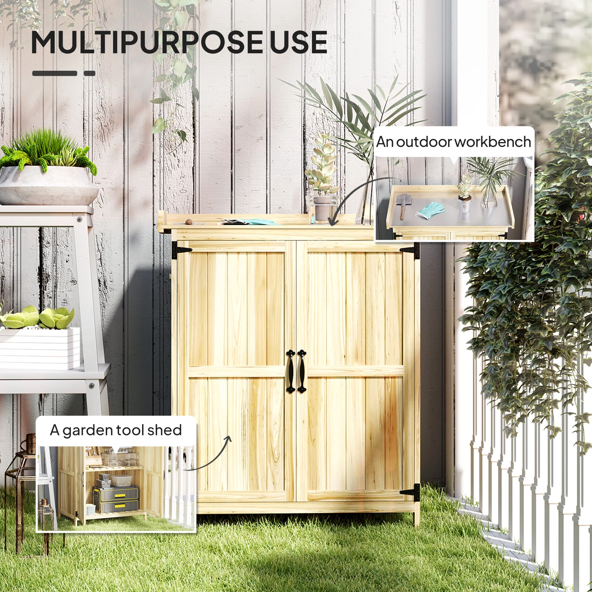 Outsunny Outdoor Garden Shed, Wooden Backyard Shed with Metal Tabletop, Shelf and 2 Doors for Patio, Lawn, Gray - Image 12