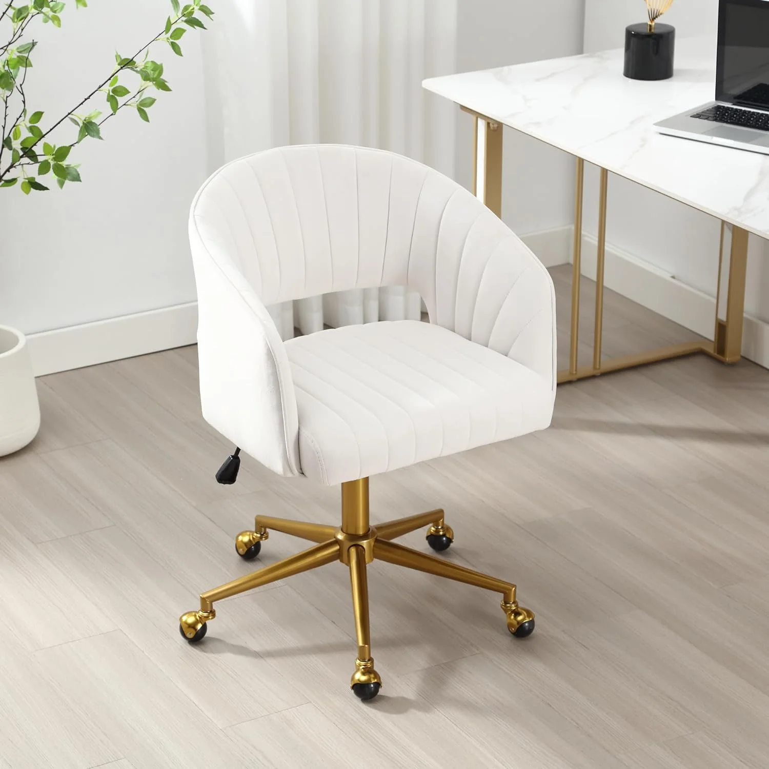 Home Office Swivel Desk Chair, Modern Velvet Vanity Chair, Height Adjustable Armchair with Gold Base, Ergonomic Office Chair for Task Study Computer Room, Beige - Image 3