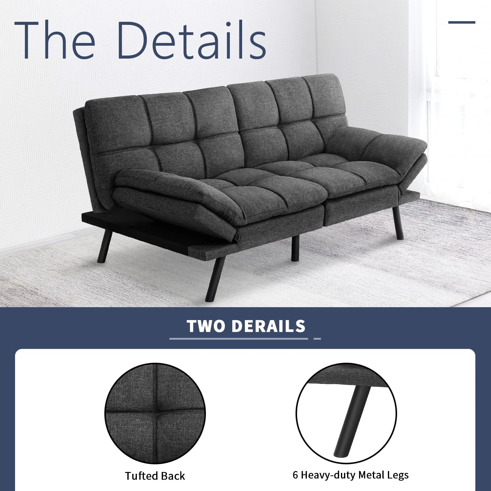Convertible Memory Foam Futon Sofa Bed with Adjustable Armrests and Backrest,Gray - Image 6