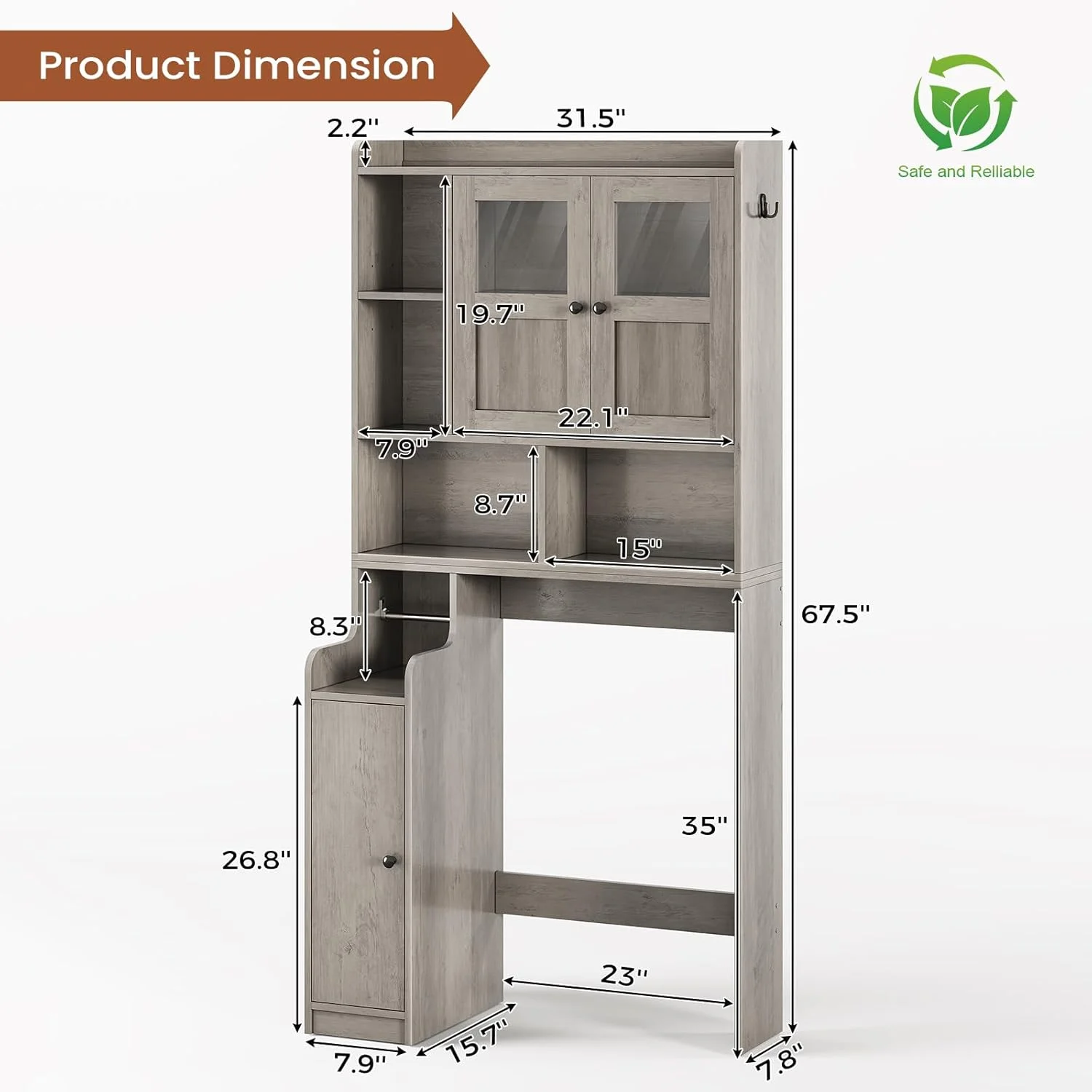 Over The Toilet Storage Cabinet with 3 Doors, Farmhouse Space Saver for Bathroom Organizer with Paper Holder, 10 Shelves and Hooks, 7-Tier Over Washing Machine Cabinet for Laundry, Bathroom, Natural - Image 21