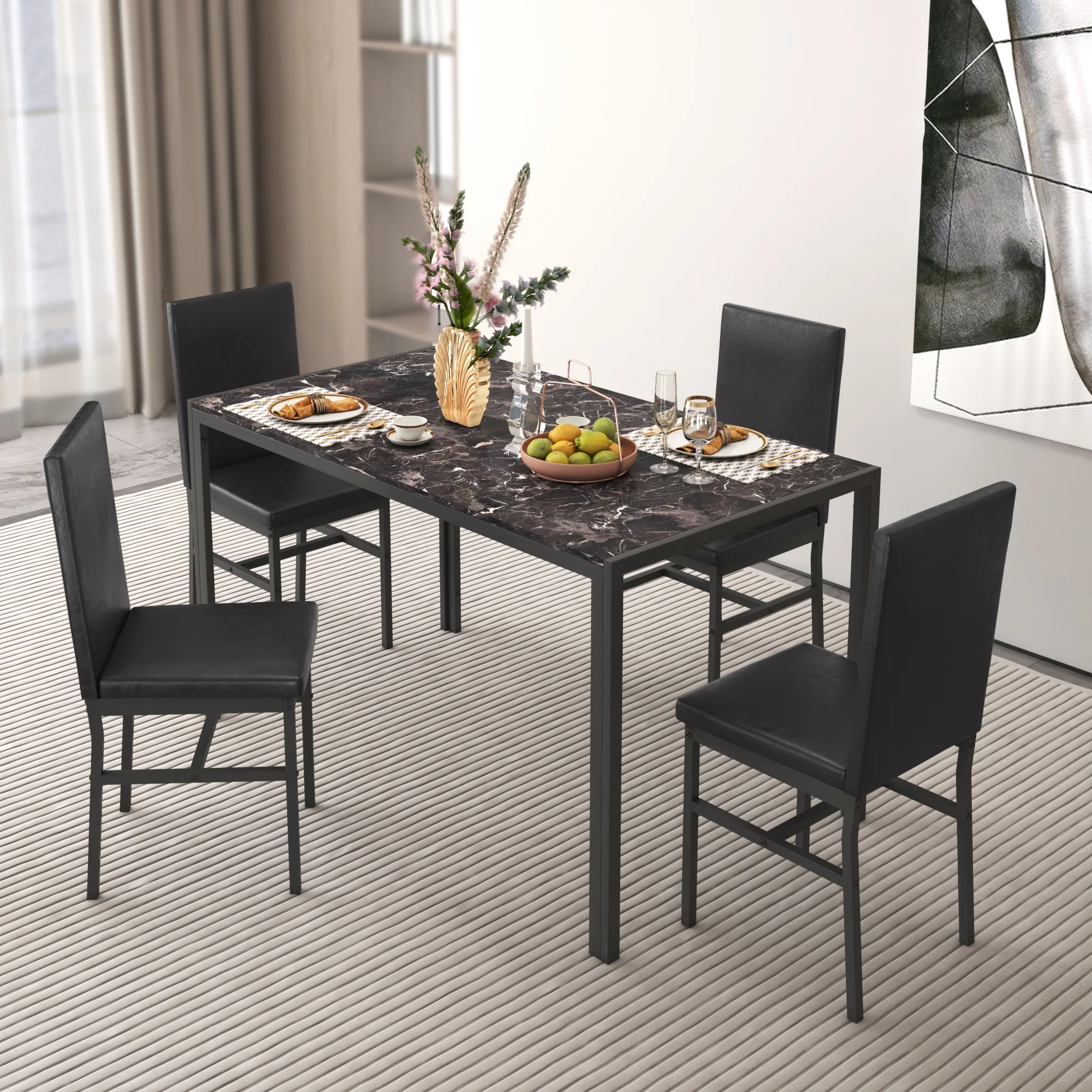 5 Piece Dining Set, Modern Dining Table and Chairs Set for 4, Counter Height Bar Table Set, Modern Pub Table with 4 Velvet Fabric Cushioned Stools, Faux Marble Dining Table & Stools Set, D9297 - Image 42