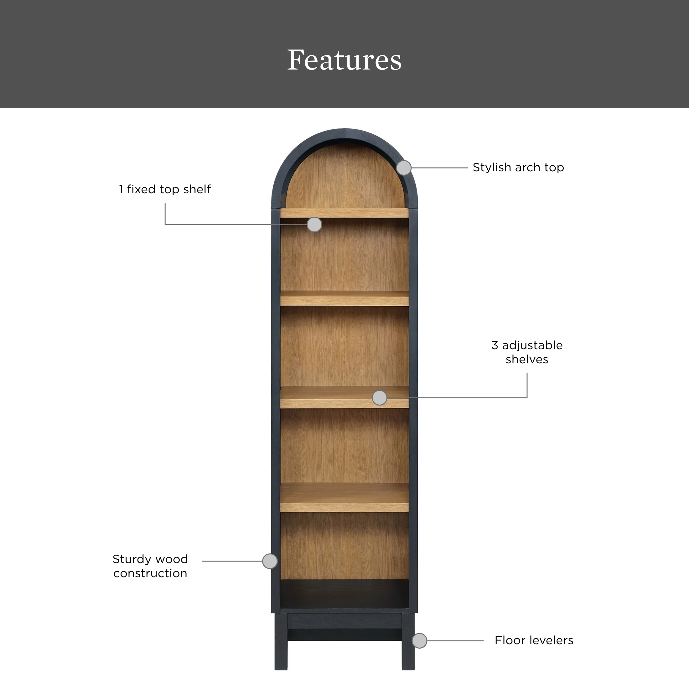 Better Homes & Gardens Juliet Narrow Arch Bookcase, Rich Black and Light Honey - Image 2