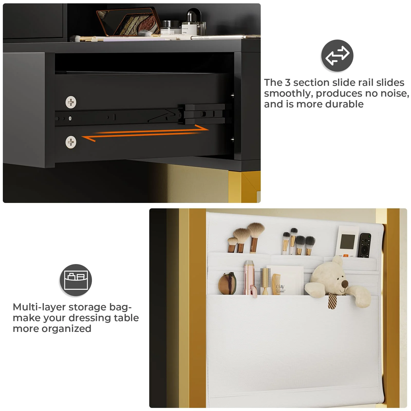 Makeup Vanity Desk with Lighted Mirror & Charging Stations & 6 Drawers Large Vanity Table Bedroom Dressing Table with Glass Tabletop&Side Cabinet&Glass Tabletop, Black - Image 14