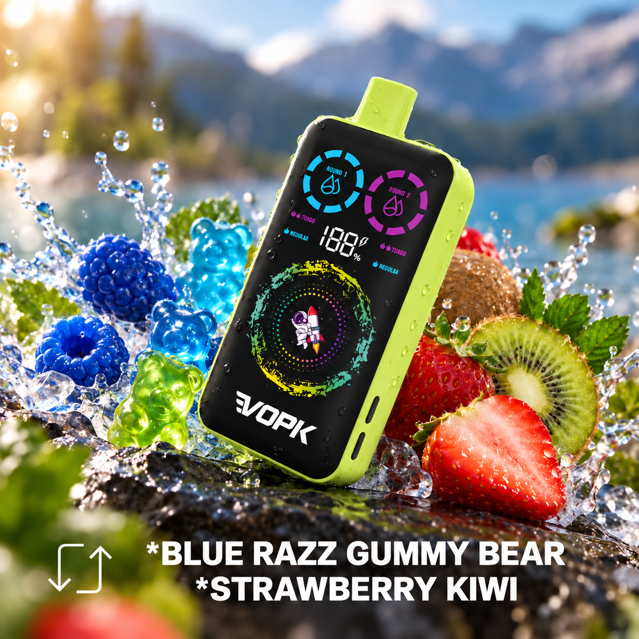 Niebieska malina żelkowy miś & Truskawka kiwi – VOPK ULTRA 40 000 puffów, smak 2 w 1