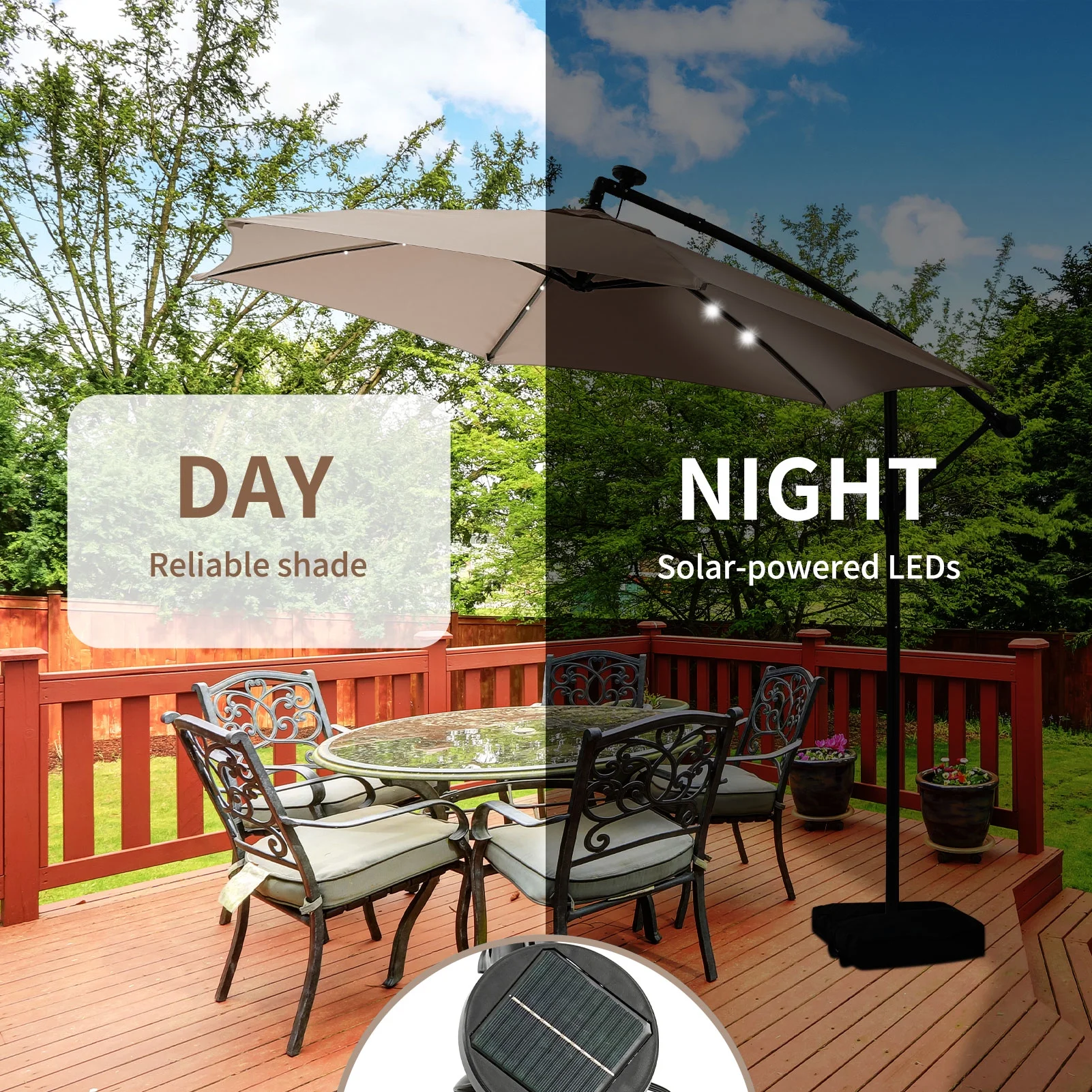 Ainfox 10ft Cantilever Patio Umbrella with Lights, Offset Market Umbrella with Sandbags Weighted Base and Cross Base,Khaki - Image 10