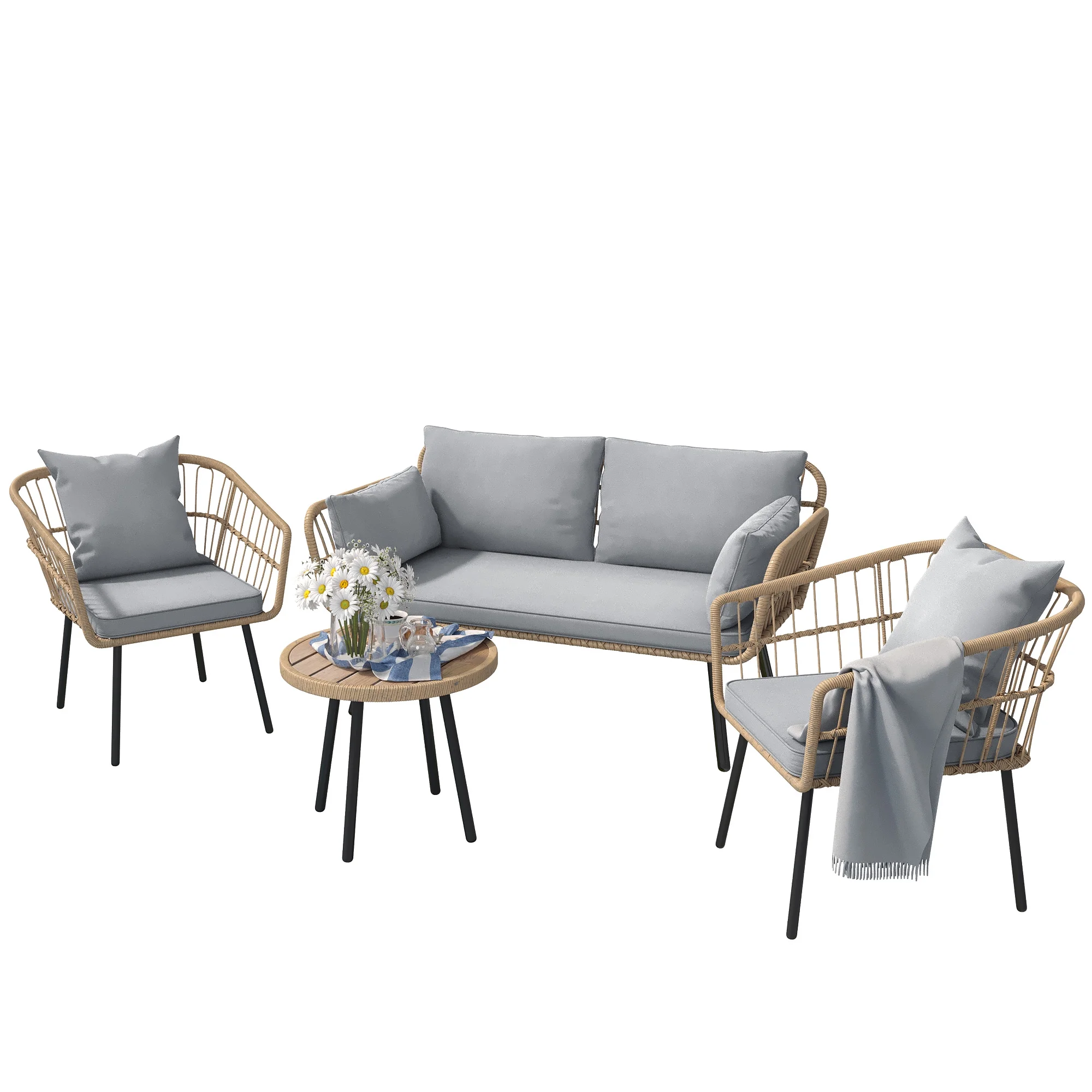 Dextrus 4-Piece Patio Furniture Wicker Outdoor Bistro Set, All-Weather Rattan Conversation Loveseat Chairs for Backyard, Balcony and Deck with Soft Cushions and Coffee Table - Gray
