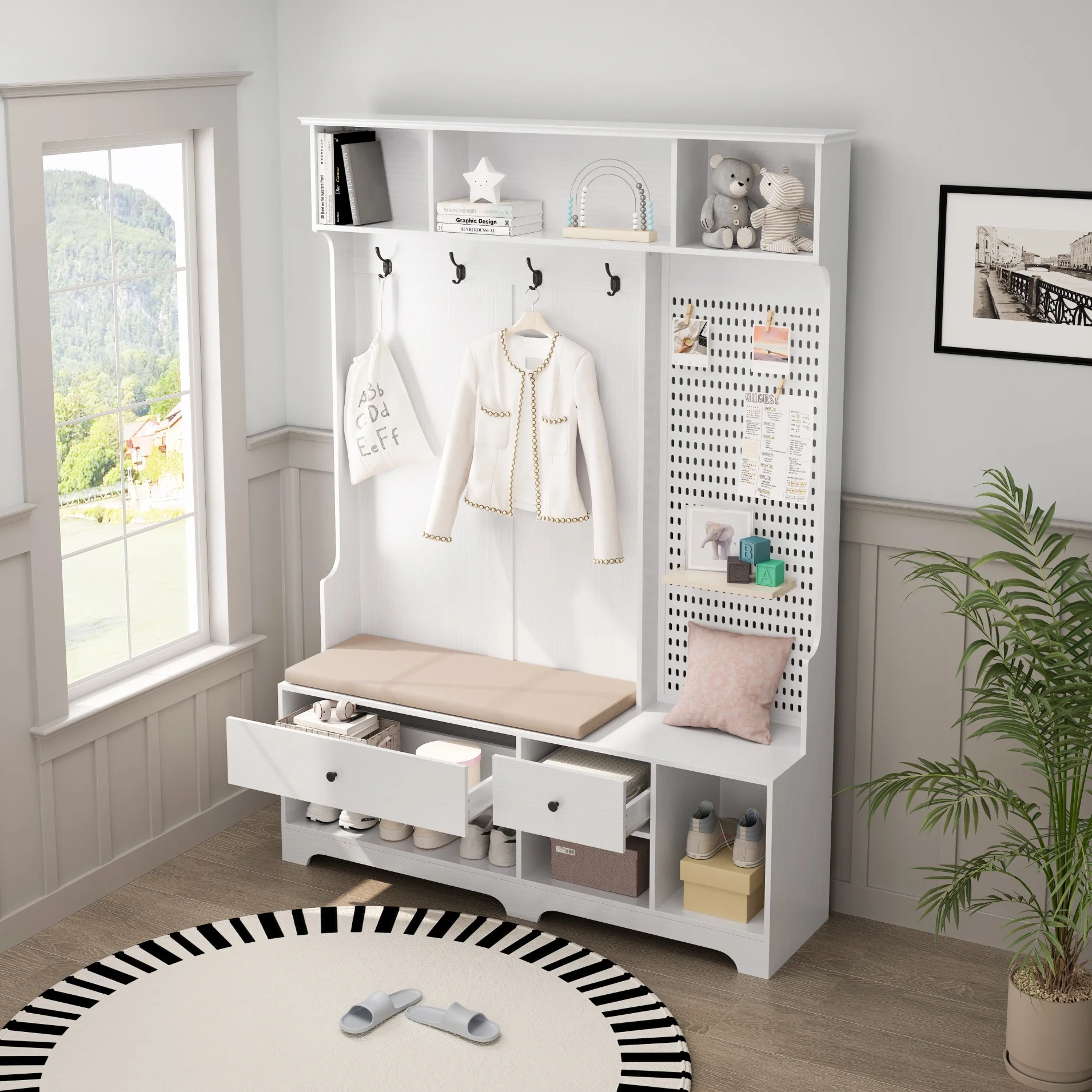 77-Inch Hall Tree with Cushioned Shoe Bench and Storage, Multi-Function Entryway Organizer with Coat Hooks & DIY Pegboard, White for Hallway & Living Room Storage Solutions
