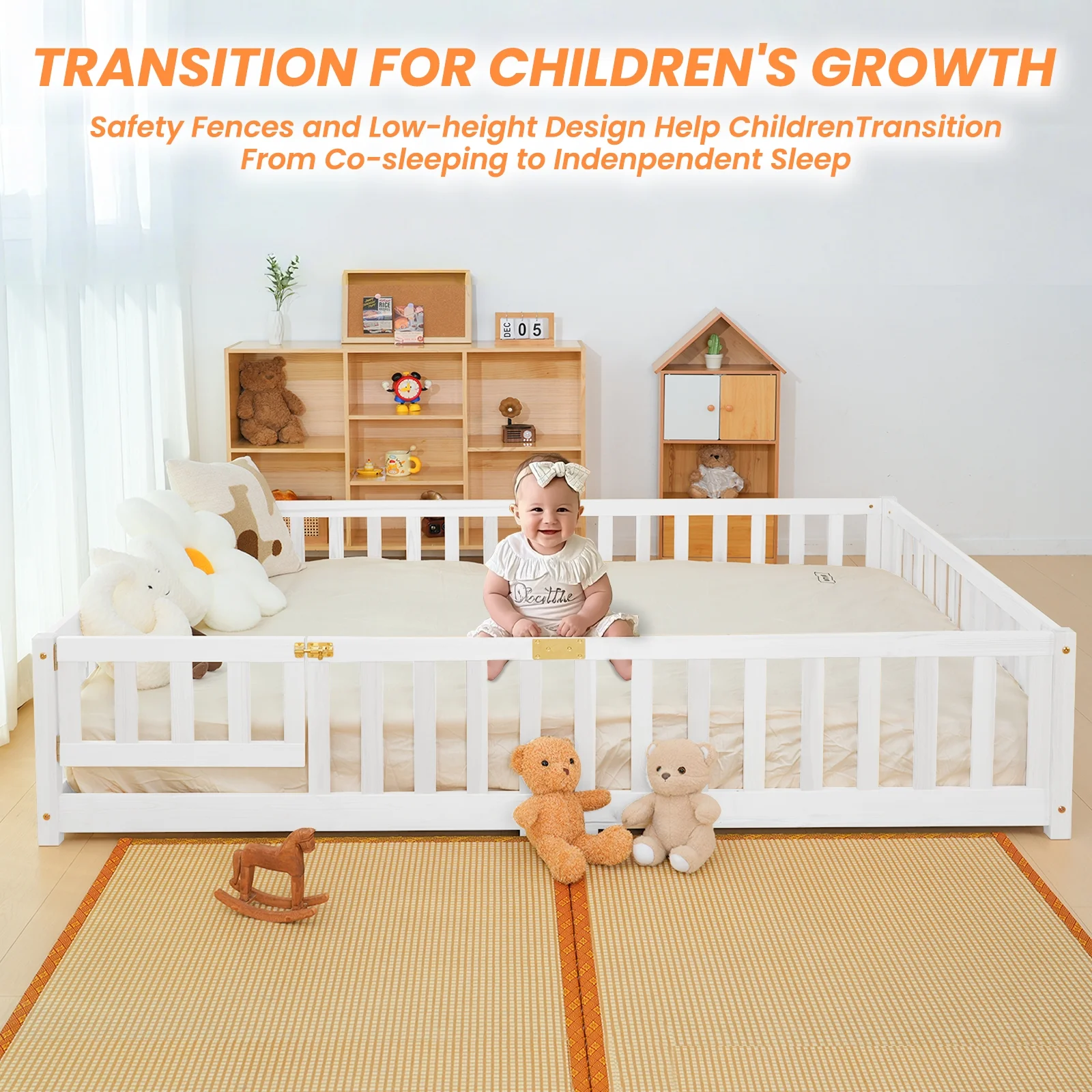 Slsy Twin Size Toddler Floor Bed, Solid Wood Montessori Bed Frame with Fence & Door Montessori Floor Bed Crib with Safety Guardrails for Girls and Boys - Image 15