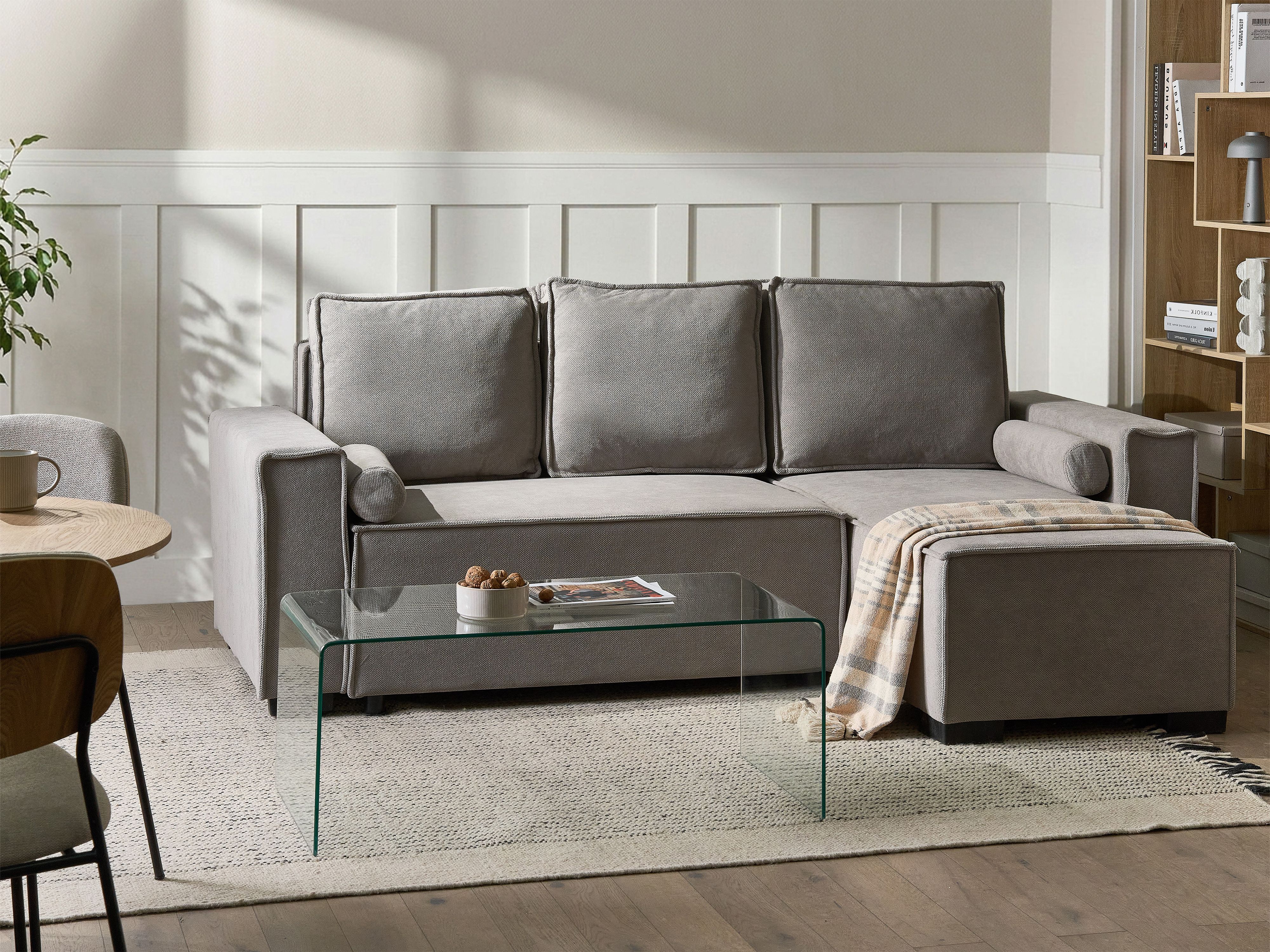 Corner Sofa Bed 3 Seater EDANE Fabric Grey with Storage Left Hand