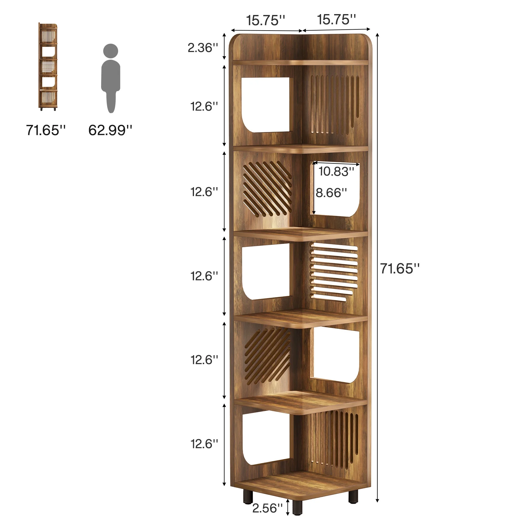 Fnova 71" 6-Tier Tall Corner Bookshelf, Rustic Wooden Narrow Corner Bookcase with Artistic Square Rack, Freestanding Display Storage Shelf for Space-Saving Home Organizing - Image 21
