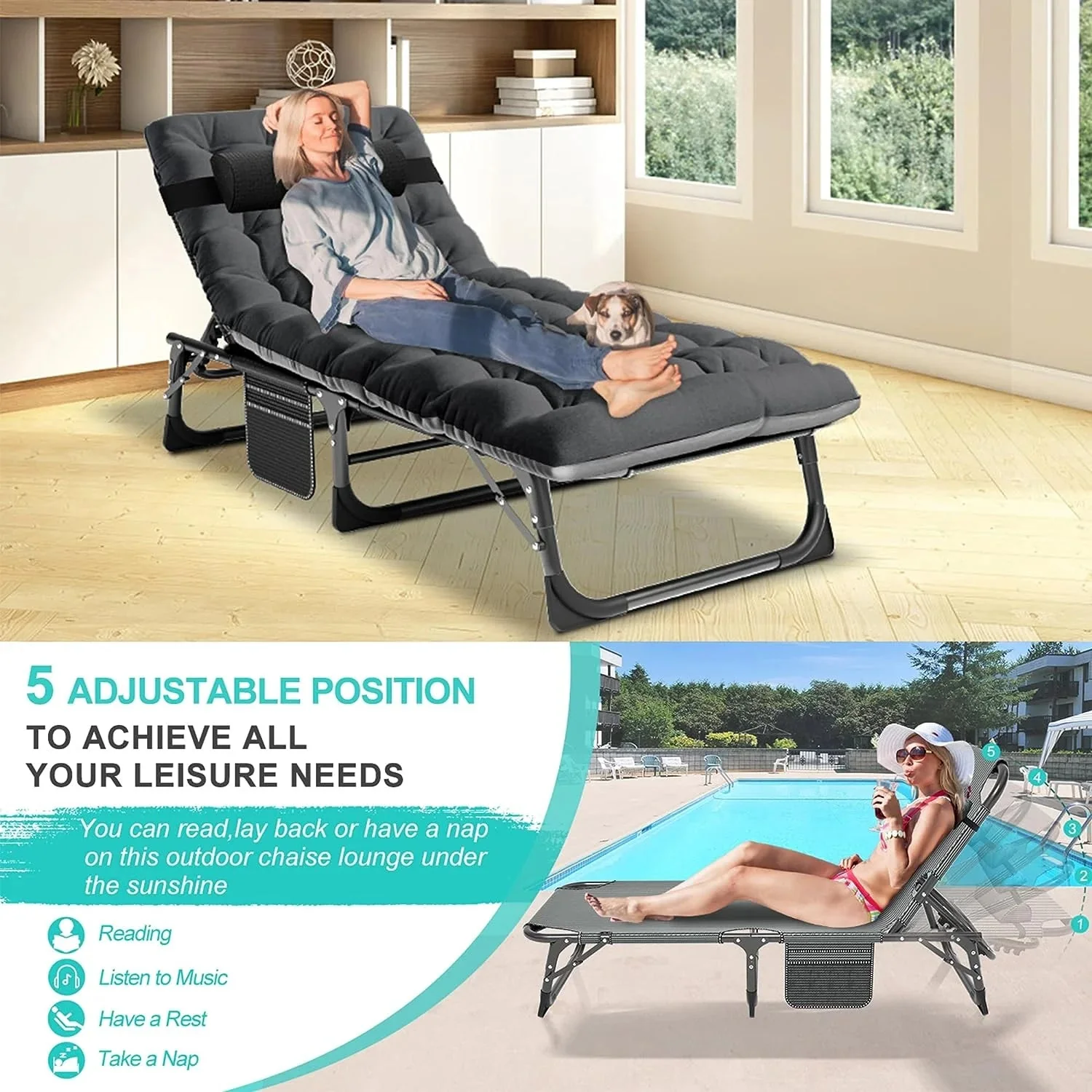 Slsy 5-Position Adjustable Folding Lounge Chair And Cot - 75.2" x 25.6" x 11.8" - Image 124 Slsy 5-Position Adjustable Folding Lounge Chair And Cot - 75.2" x 25.6" x 11.8" - Image 124
